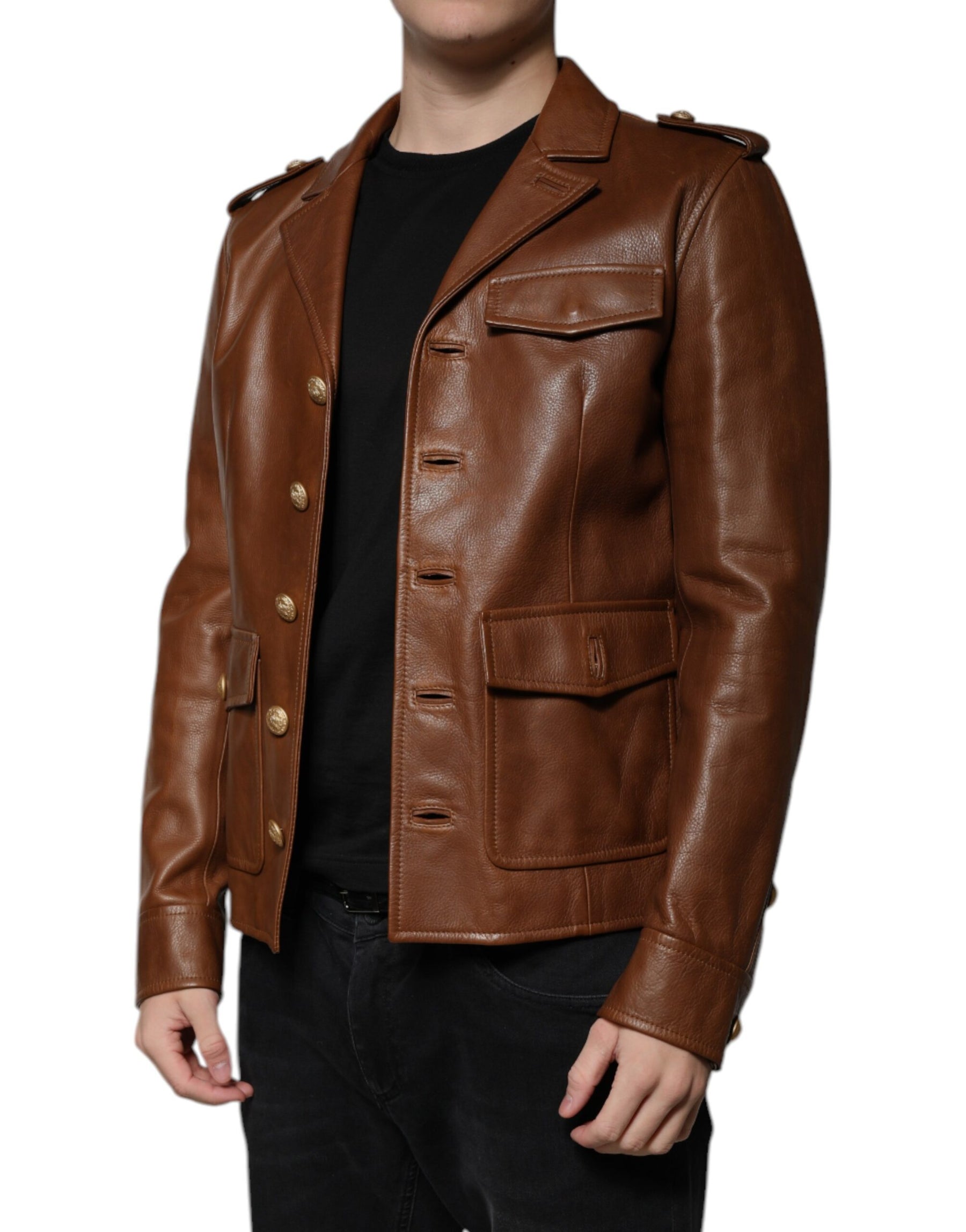 Dolce & Gabbana Brown Calfskin Leather Button Down Jacket | Regal Royce