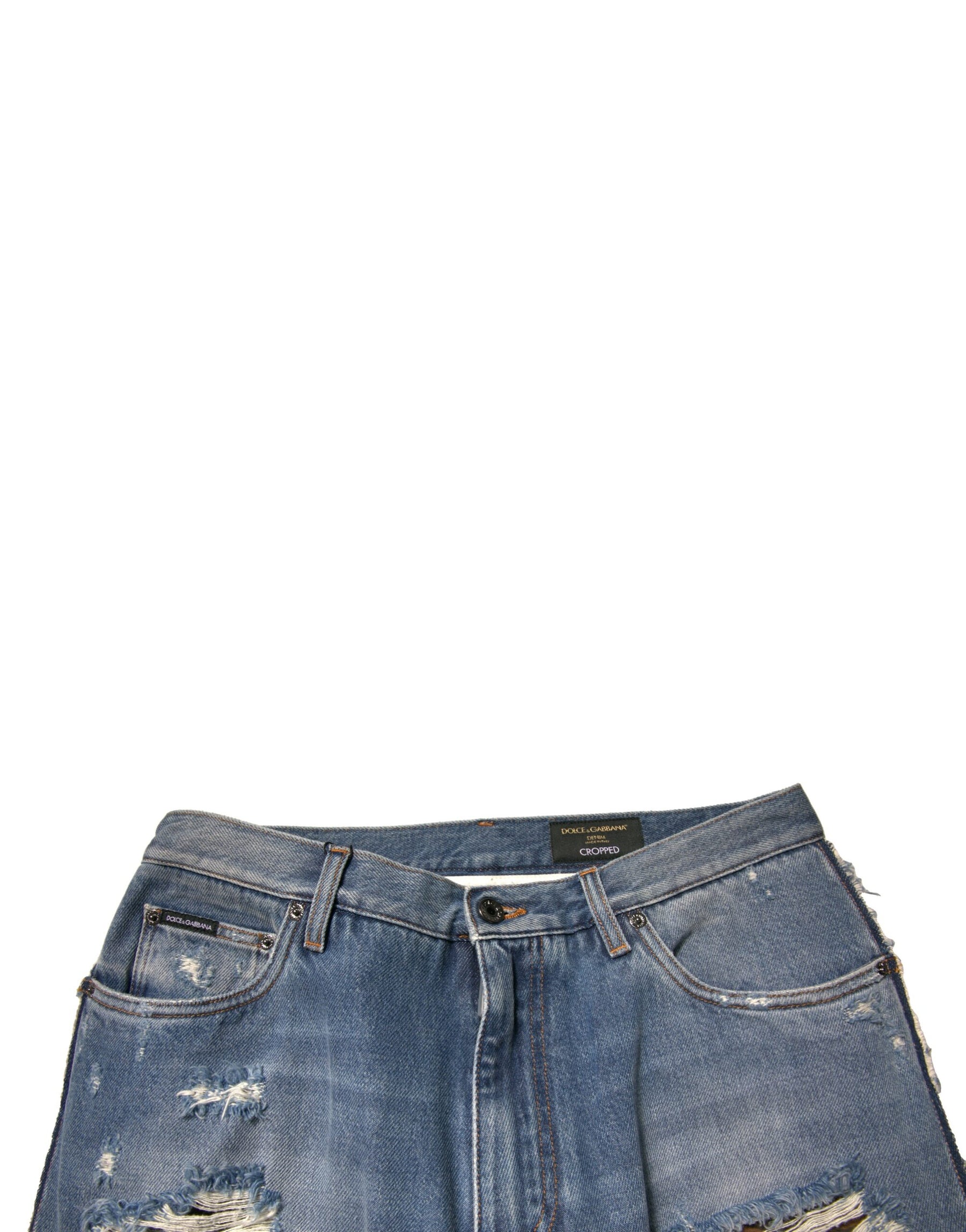 Dolce & Gabbana Blue Tattered Straight Cropped Denim Jeans | Regal Royce