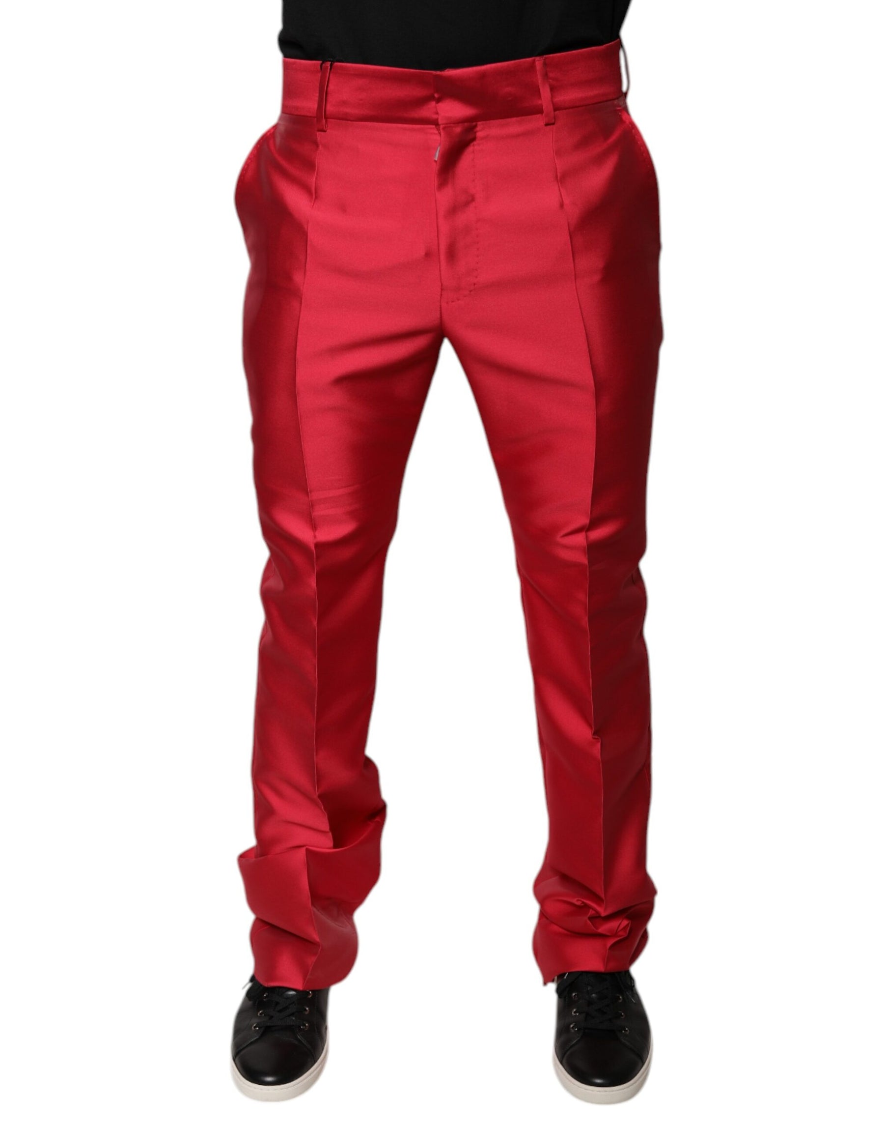 Dolce & Gabbana Red Silk Slim Fit Mid Waist Dress Formal Pants | Regal Royce