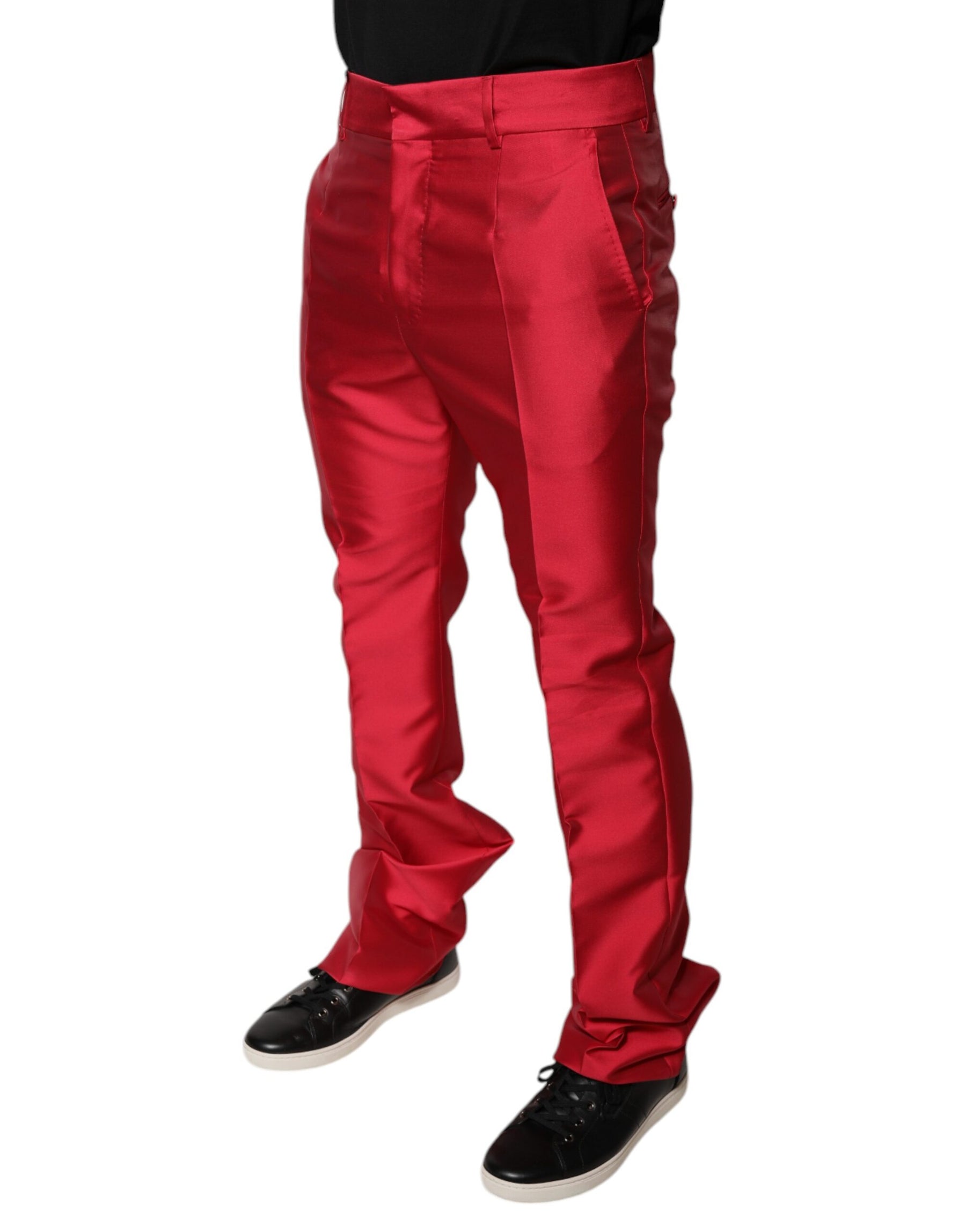 Dolce & Gabbana Red Silk Slim Fit Mid Waist Dress Formal Pants | Regal Royce