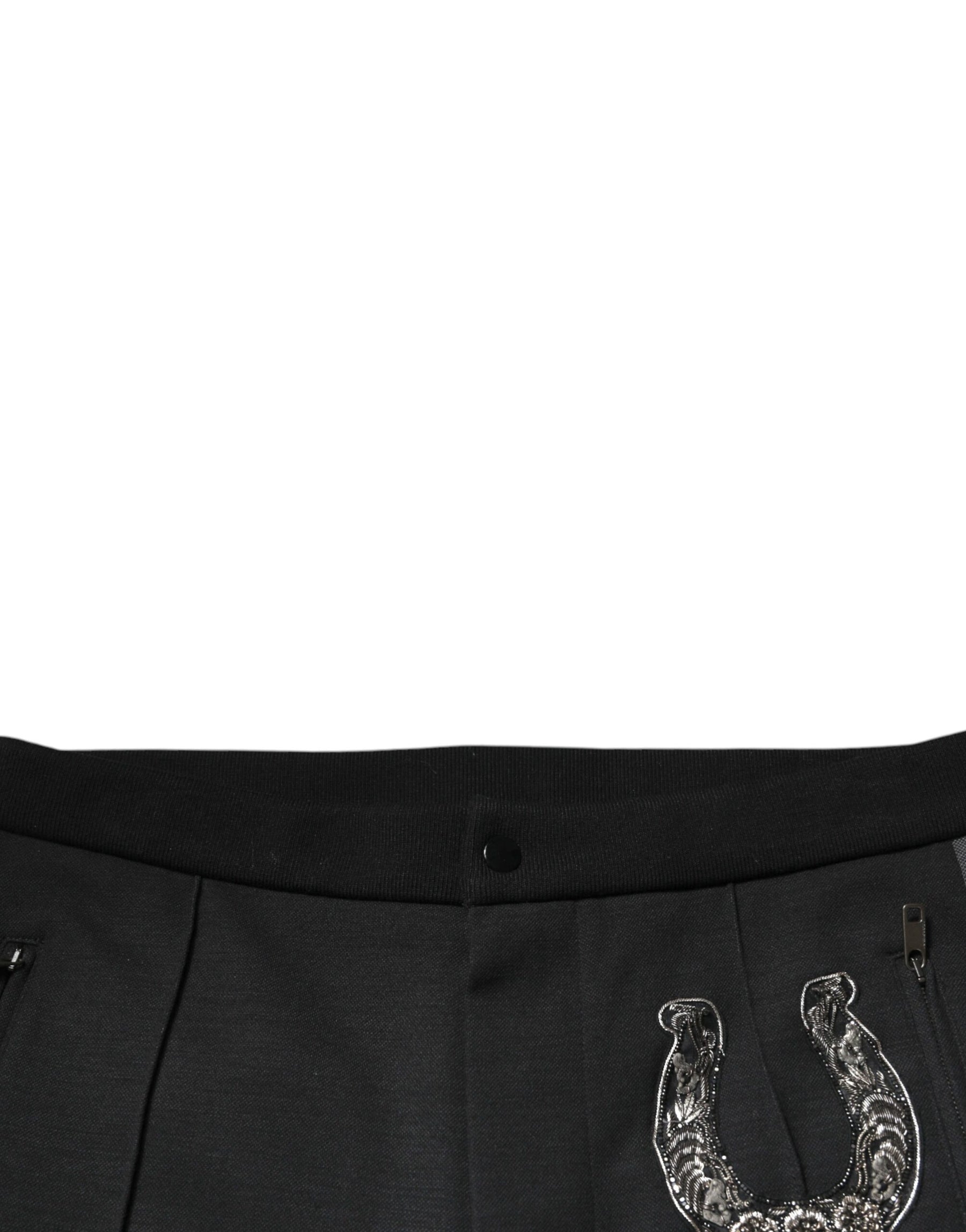 Dolce & Gabbana Black Horseshoe Embellished Wool Slim Fit Pants | Regal Royce
