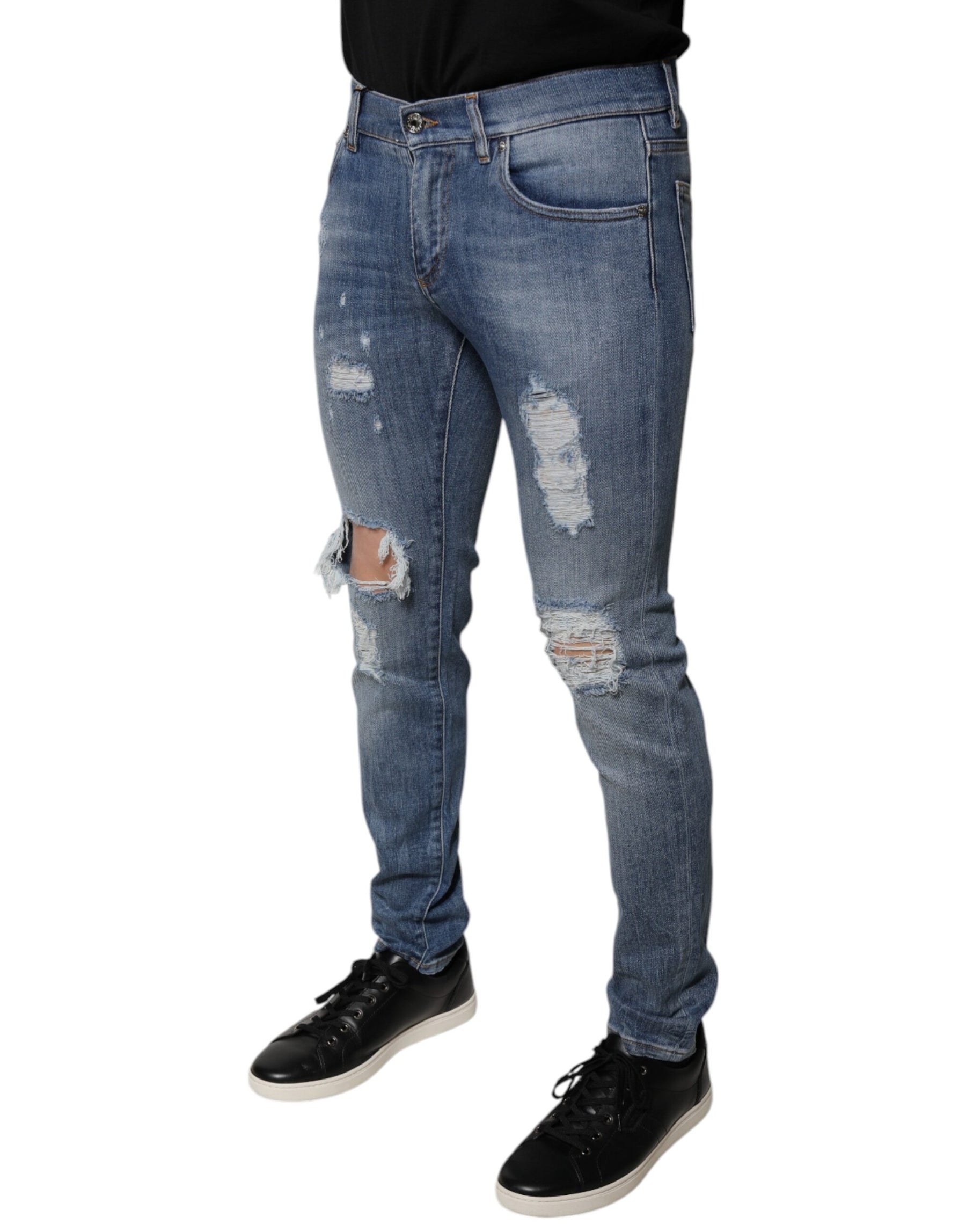 Dolce & Gabbana Blue Tattered Cotton Stretch Skinny Denim Jeans | Regal Royce