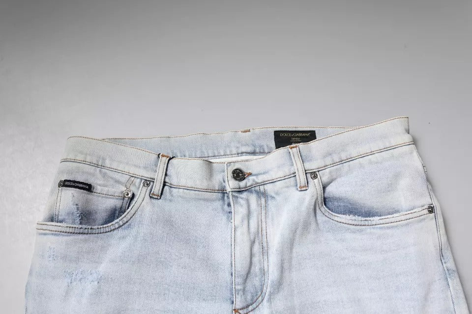 Dolce & Gabbana Light Blue Cotton Tattered Skinny Denim Jeans | Regal Royce