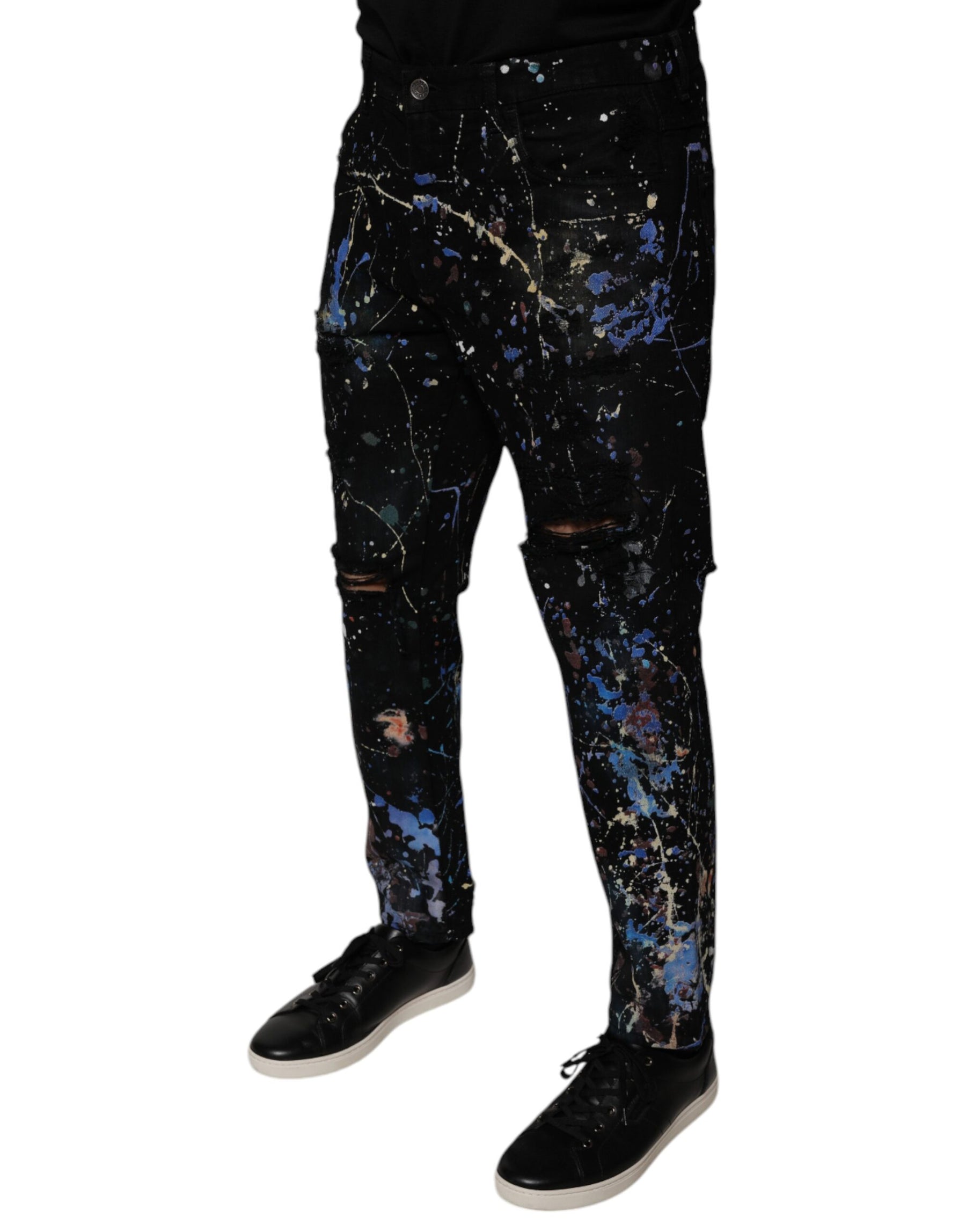 Dolce & Gabbana Black Color Splash Cotton Skinny Denim Jeans | Regal Royce
