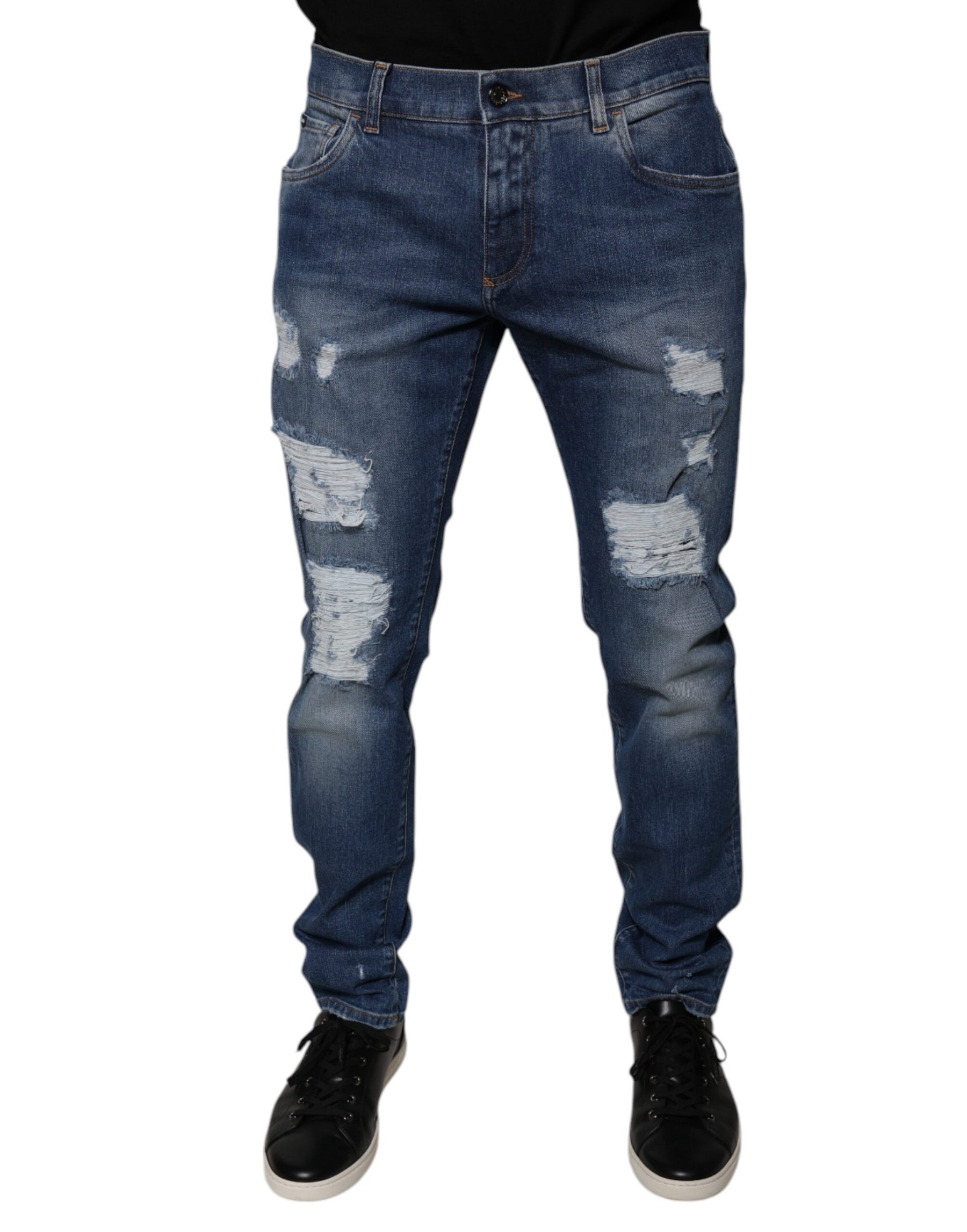 Dolce & Gabbana Blue Cotton Tattered Skinny Denim Jeans | Regal Royce