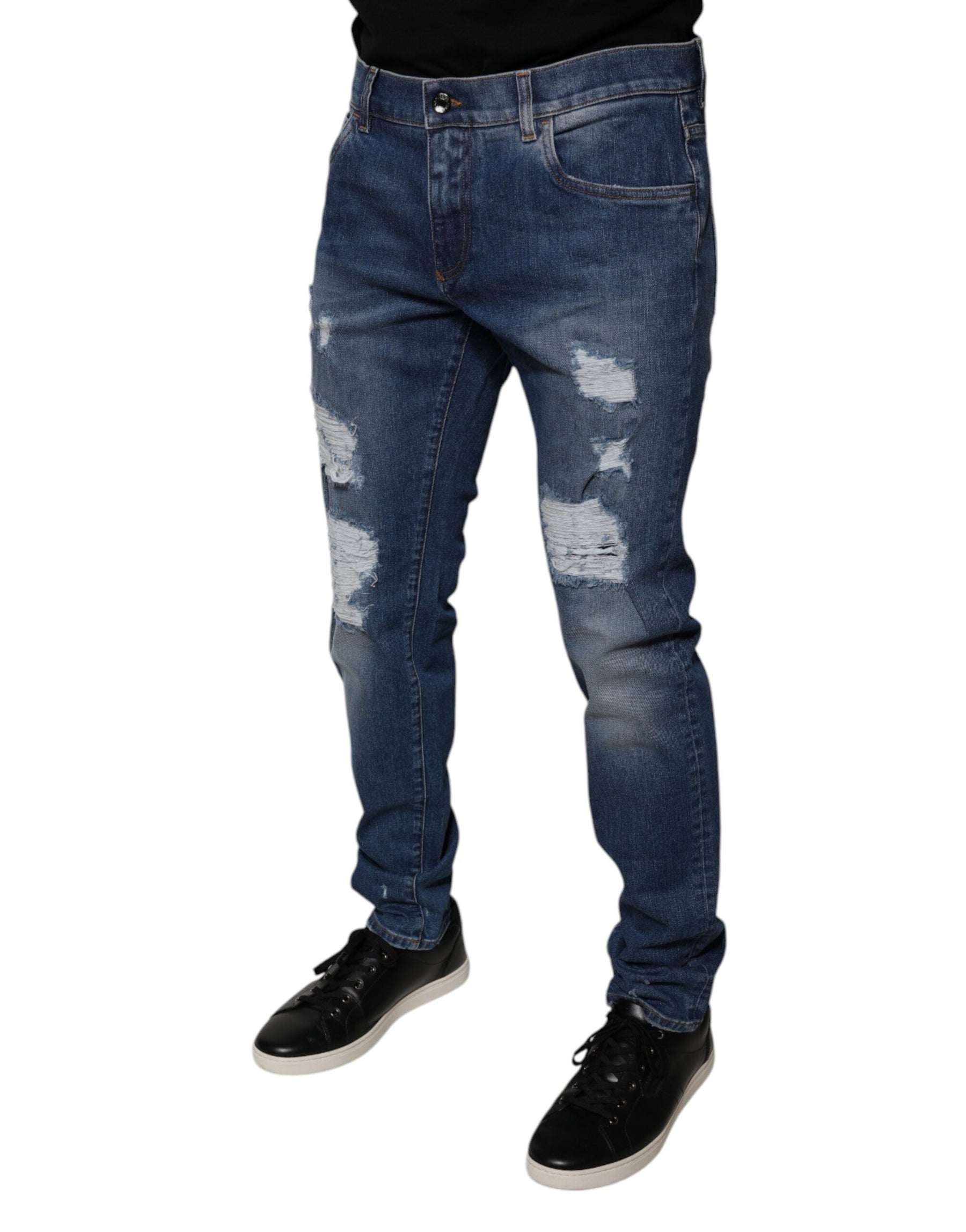 Dolce & Gabbana Blue Cotton Tattered Skinny Denim Jeans | Regal Royce