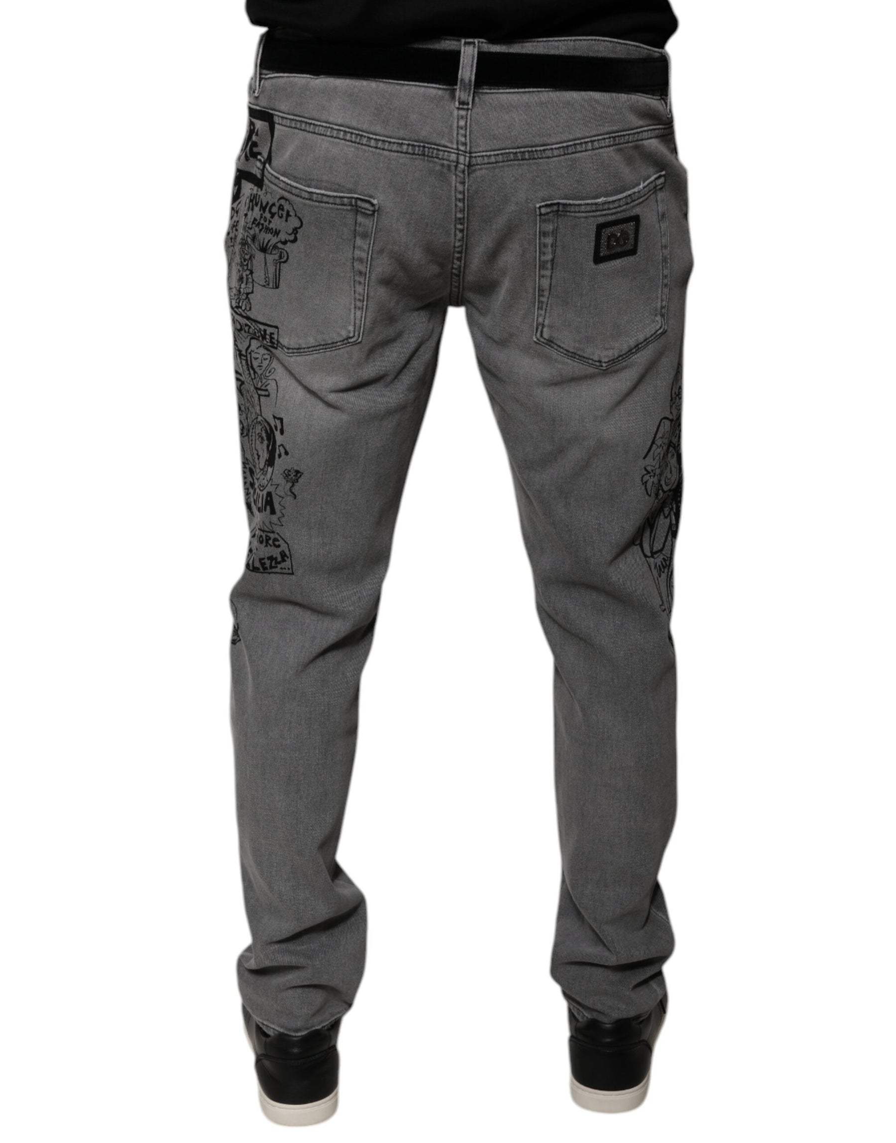 Dolce & Gabbana Gray Graphic Print Cotton Skinny Denim Jeans | Regal Royce