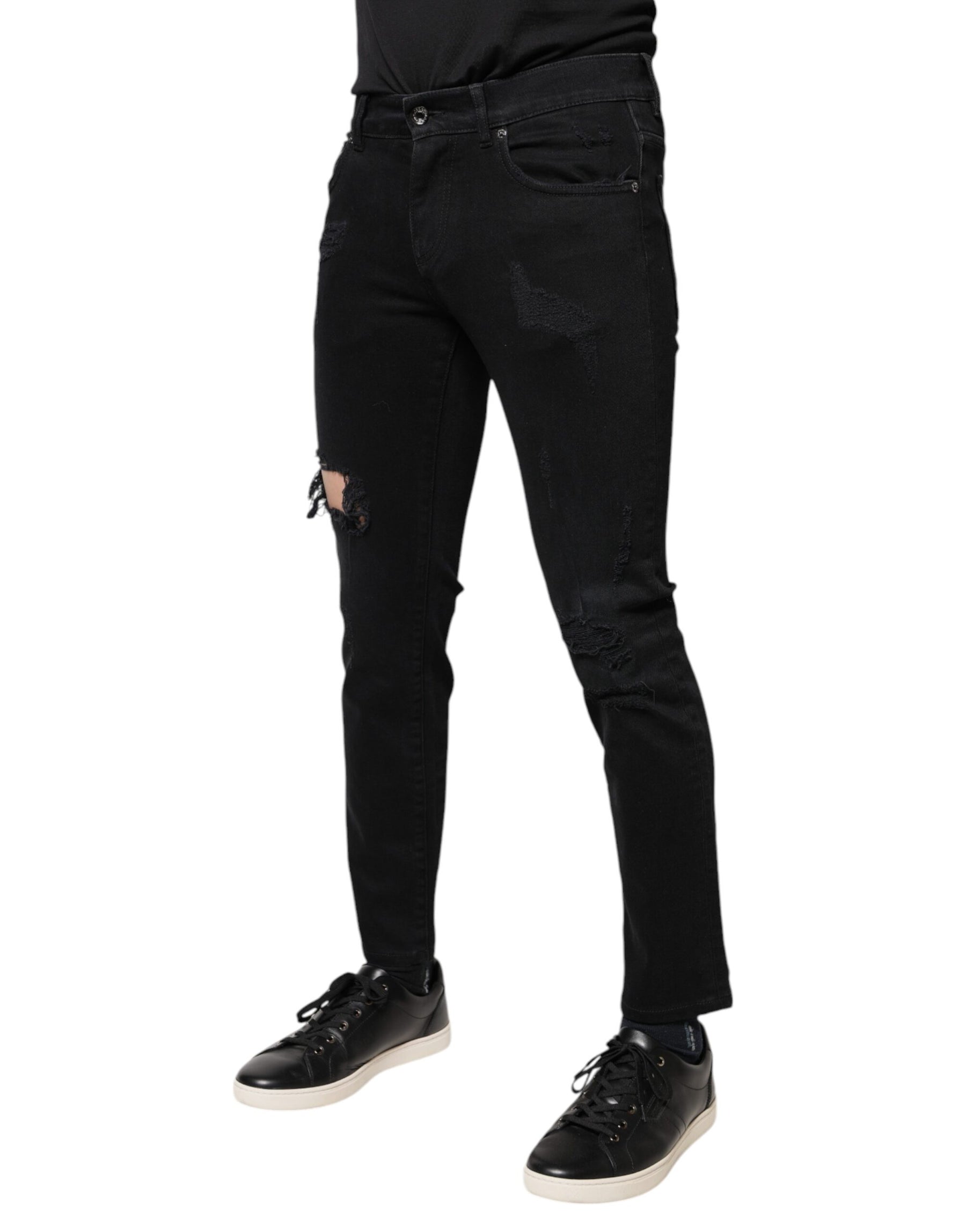Dolce & Gabbana Black Cotton Tattered Skinny Denim Logo Jeans | Regal Royce