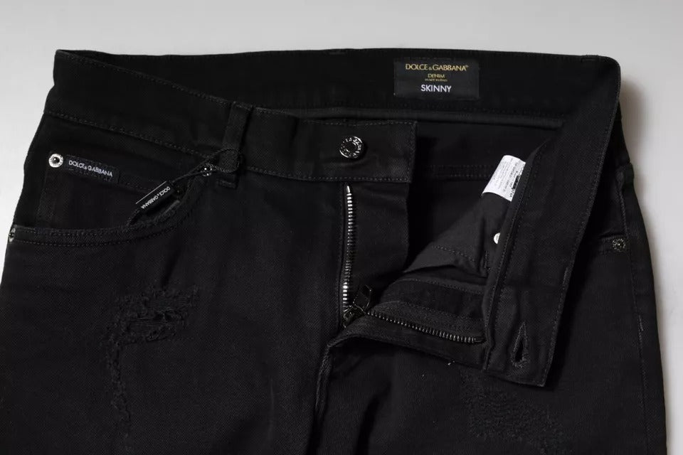 Dolce & Gabbana Black Cotton Tattered Skinny Denim Logo Jeans | Regal Royce