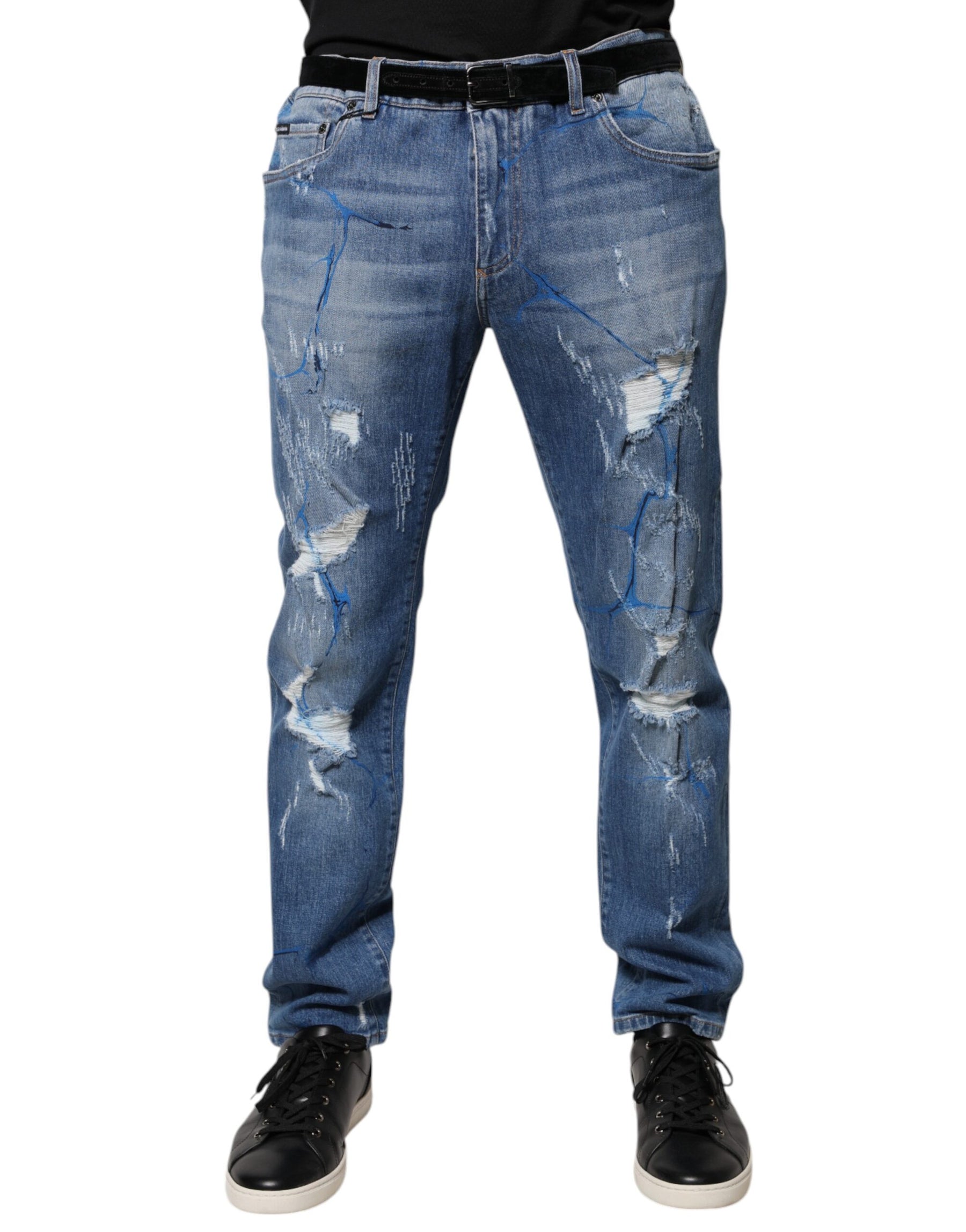 Dolce & Gabbana Blue Cotton Stretch Tattered Skinny Denim Jeans | Regal Royce