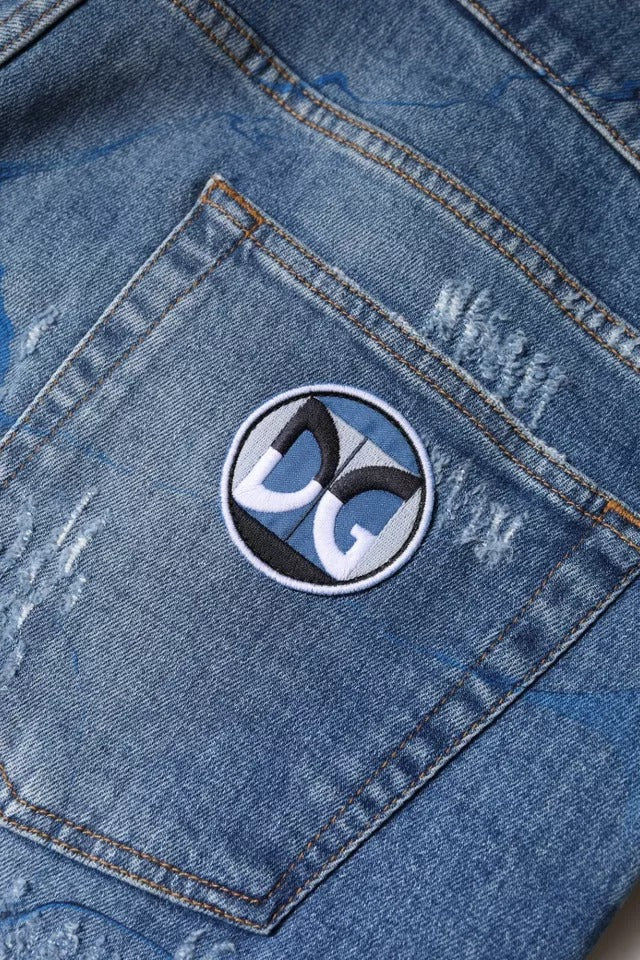 Dolce & Gabbana Blue Cotton Stretch Tattered Skinny Denim Jeans | Regal Royce