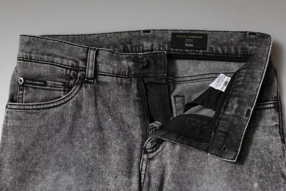 Dolce & Gabbana Gray Logo Plaque Cotton Slim Fit Denim Jeans | Regal Royce