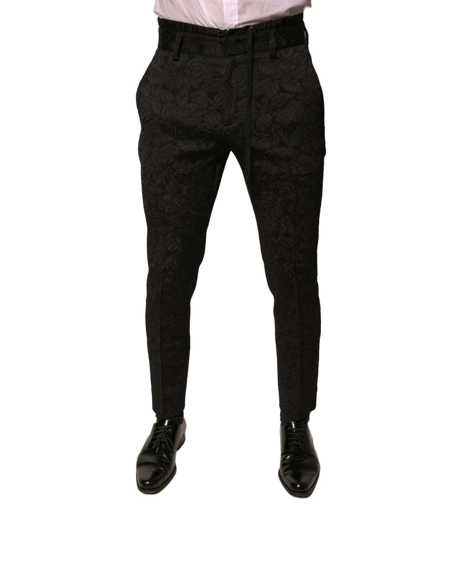 Dolce & Gabbana Black Brocade Polyester Skinny Men Dress Pants | Regal Royce