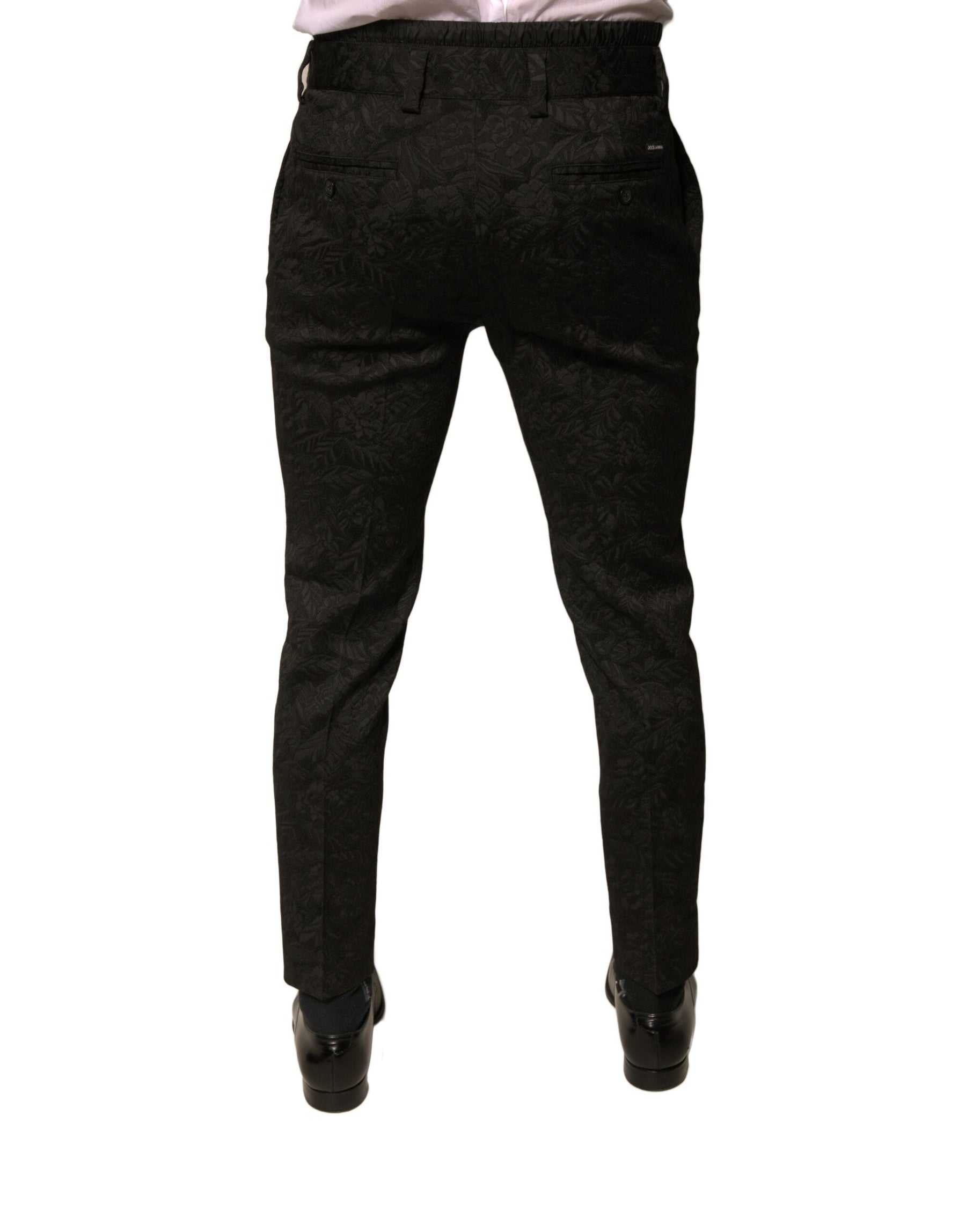 Dolce & Gabbana Black Brocade Polyester Skinny Men Dress Pants | Regal Royce
