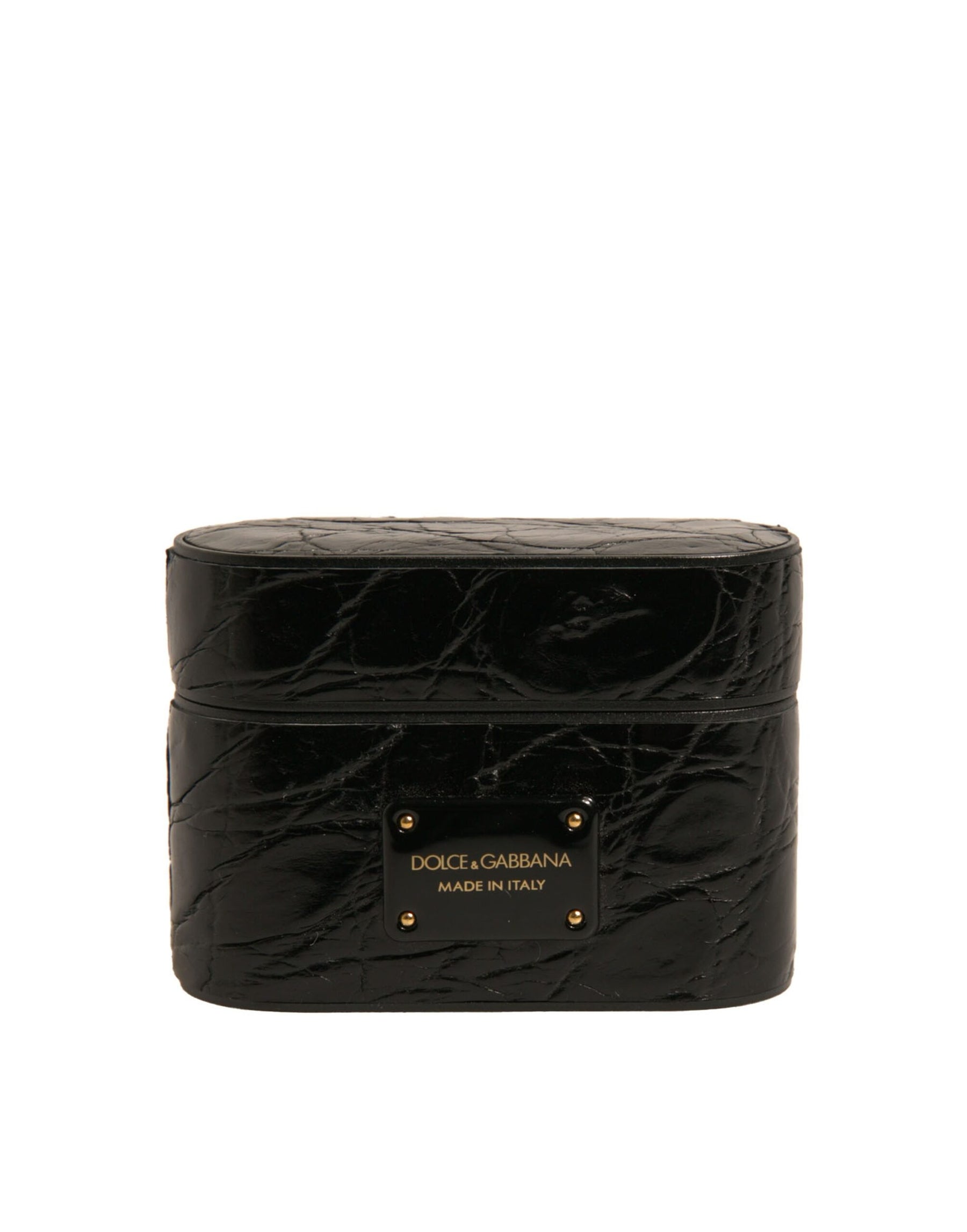 Dolce & Gabbana Black Leather Metal Logo Plaque Holder Airpods Case | Regal Royce