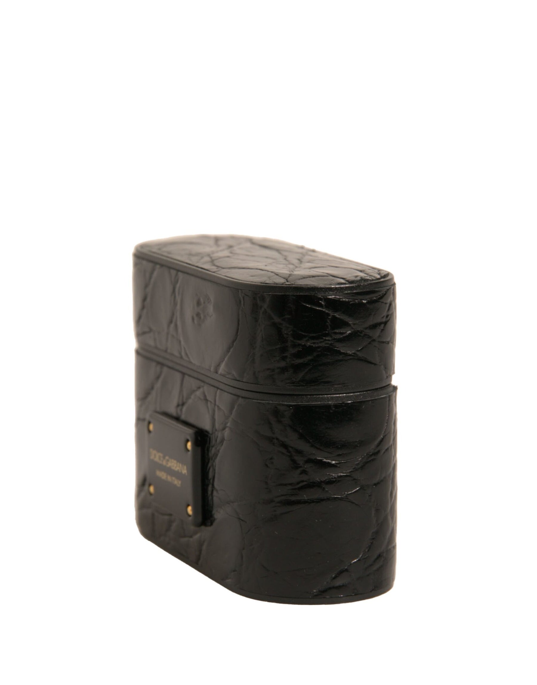 Dolce & Gabbana Black Leather Metal Logo Plaque Holder Airpods Case | Regal Royce