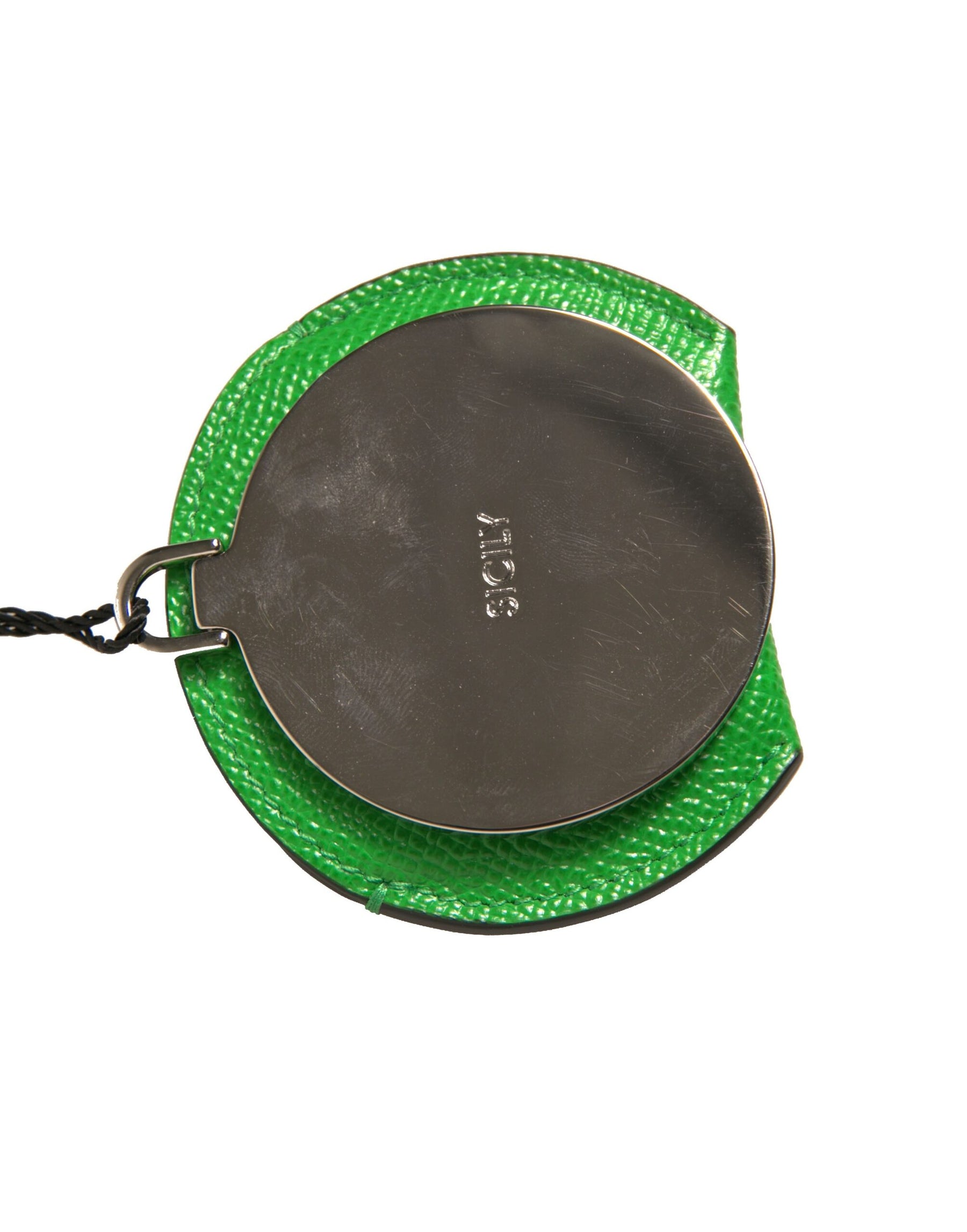 Dolce & Gabbana Green Calfskin Leather Round Logo Hand Mirror Holder | Regal Royce