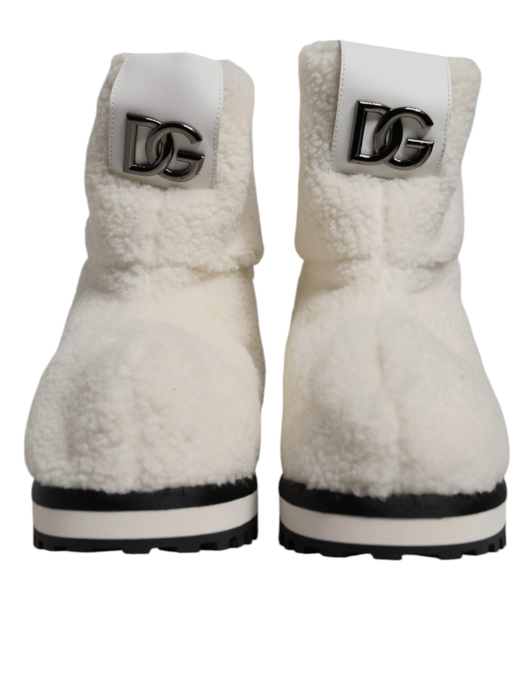 Dolce & Gabbana White Plush Logo Padded Mid Calf Boots Shoes | Regal Royce