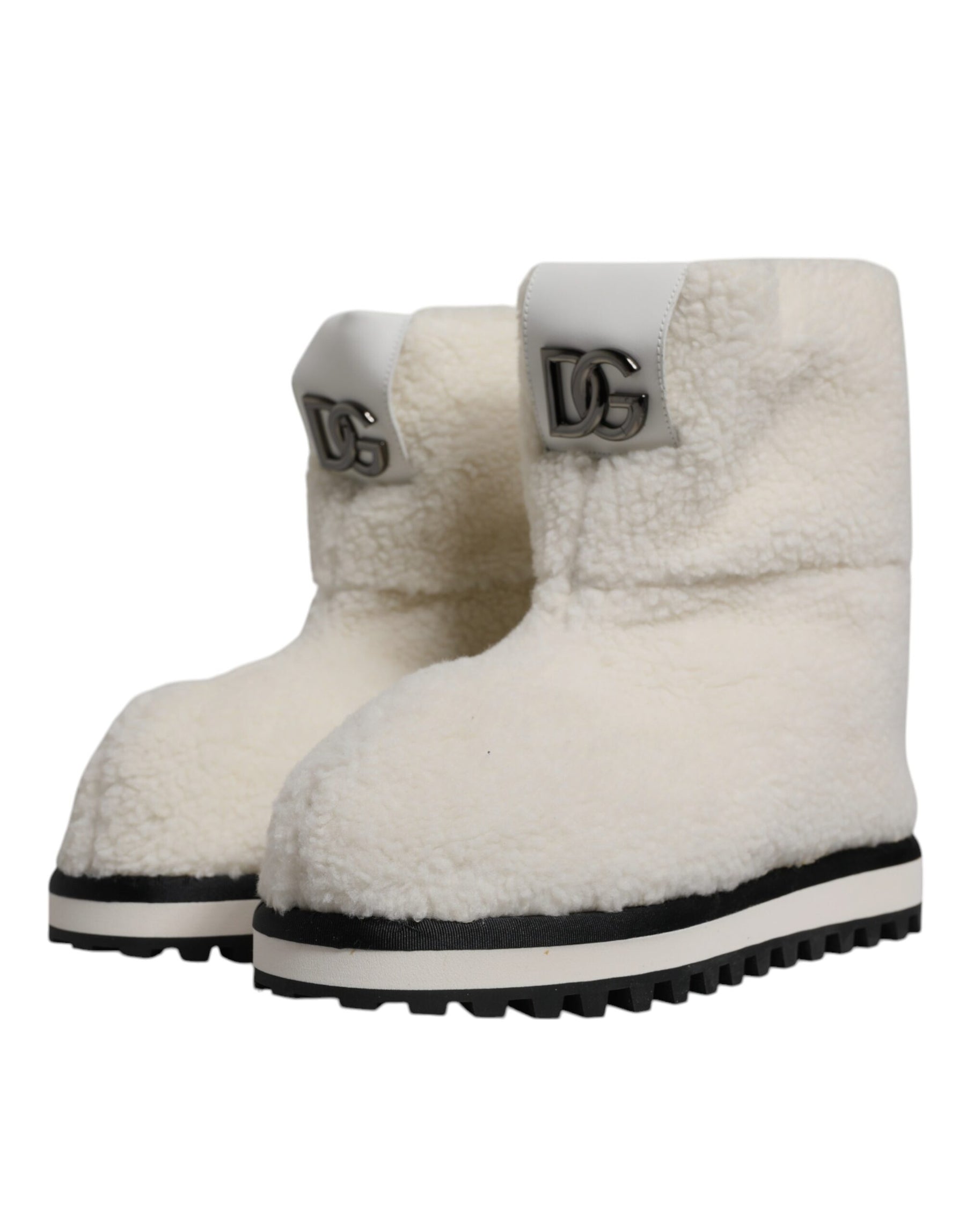 Dolce & Gabbana White Plush Logo Padded Mid Calf Boots Shoes | Regal Royce