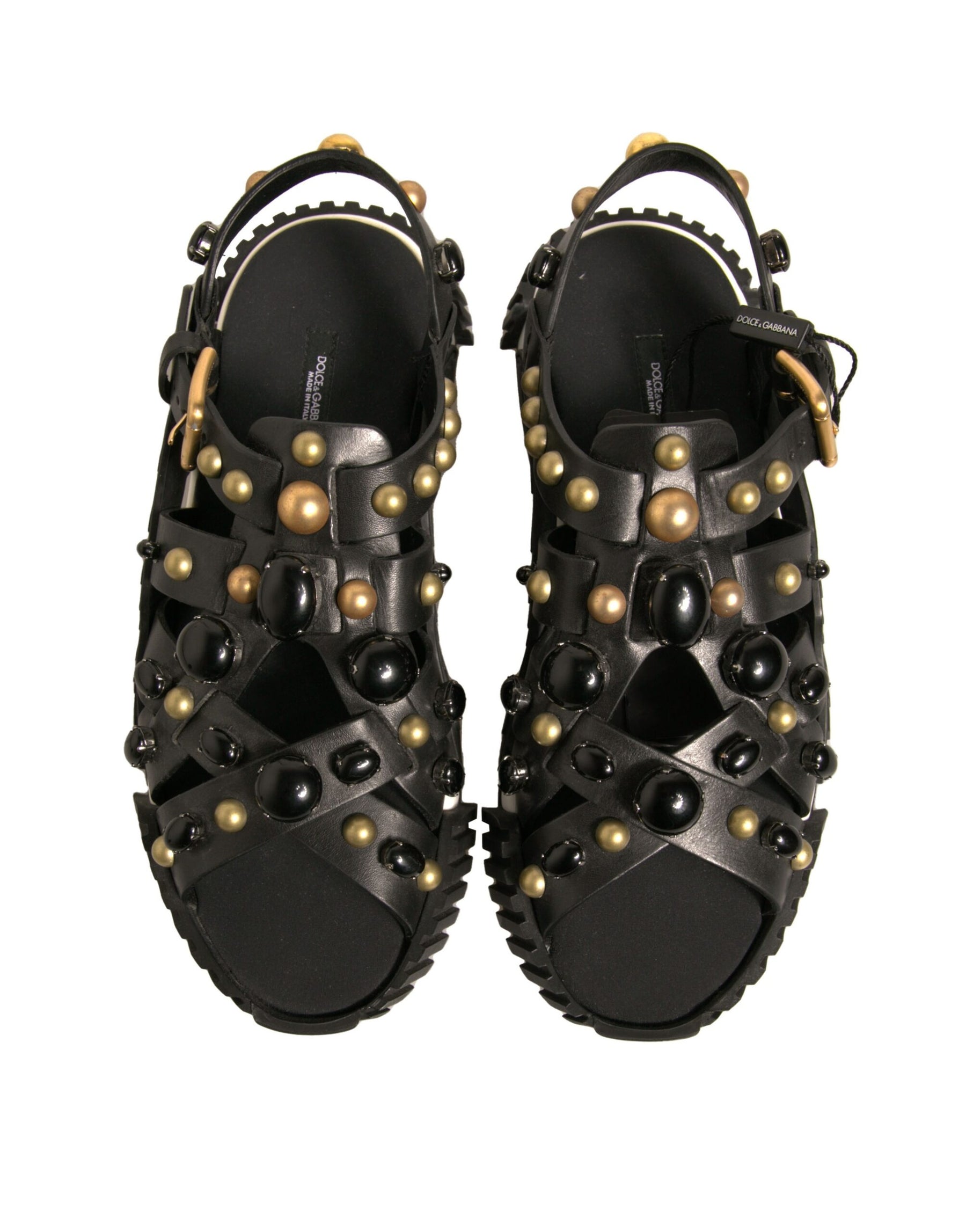 Dolce & Gabbana Black Leather Studded Slides Sandals Shoes | Regal Royce
