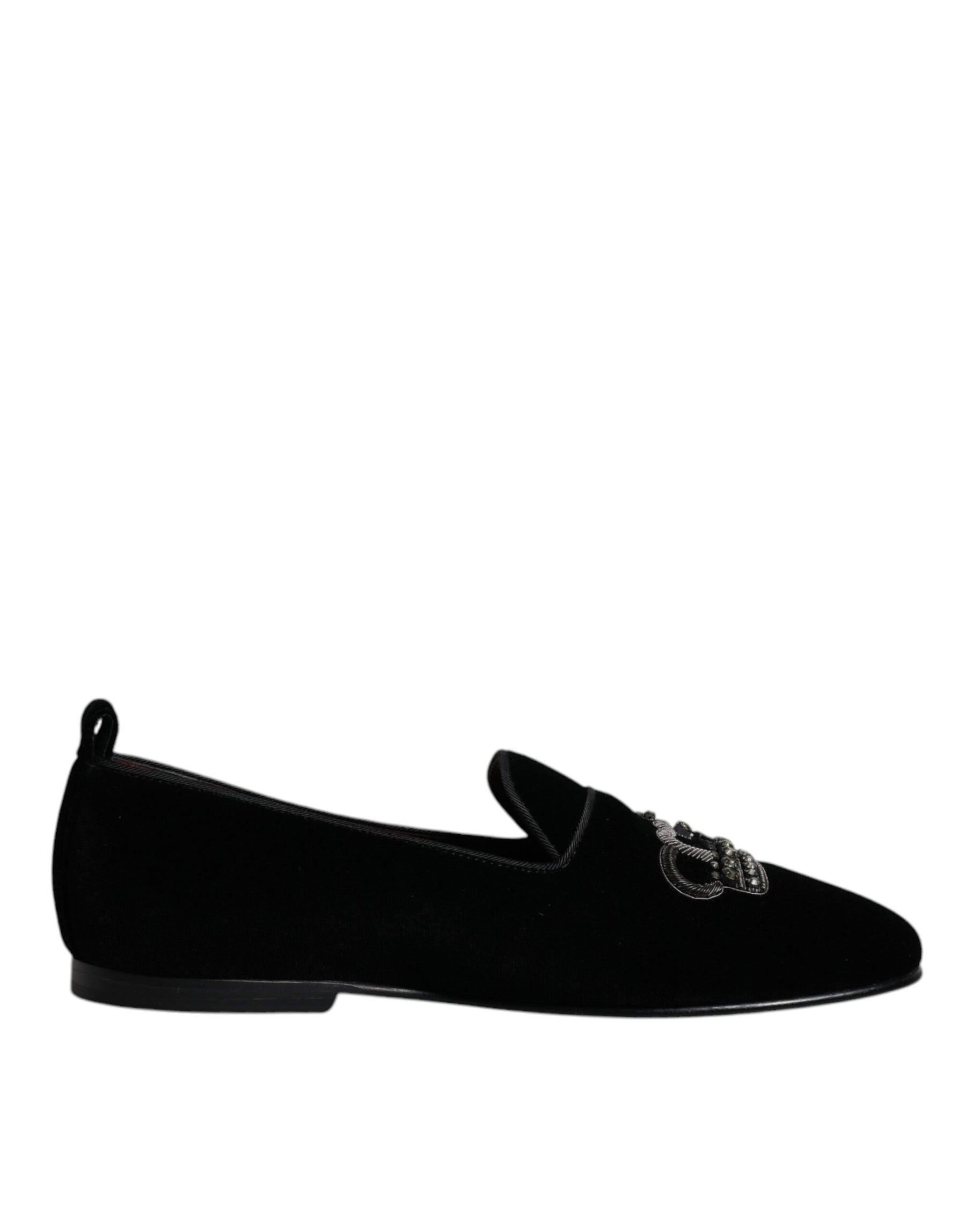 Dolce & Gabbana Black Velvet Crystal Crown Loafers Formal Dress Shoes | Regal Royce