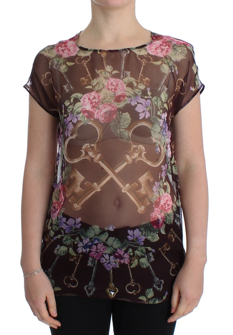 Dolce & Gabbana Black Key Floral Print Silk Blouse T-shirt | Regal Royce