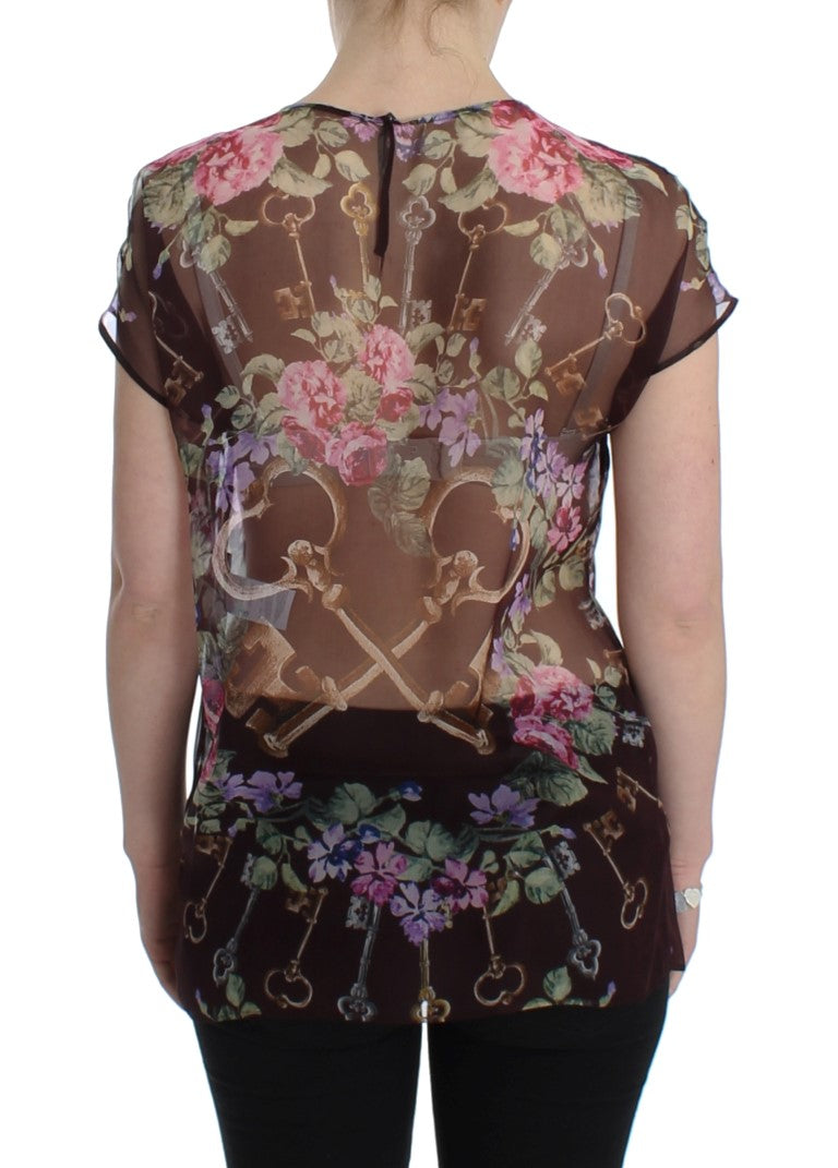 Dolce & Gabbana Black Key Floral Print Silk Blouse T-shirt | Regal Royce