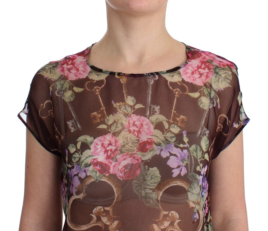 Dolce & Gabbana Black Key Floral Print Silk Blouse T-shirt | Regal Royce
