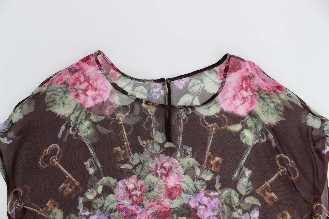 Dolce & Gabbana Black Key Floral Print Silk Blouse T-shirt | Regal Royce