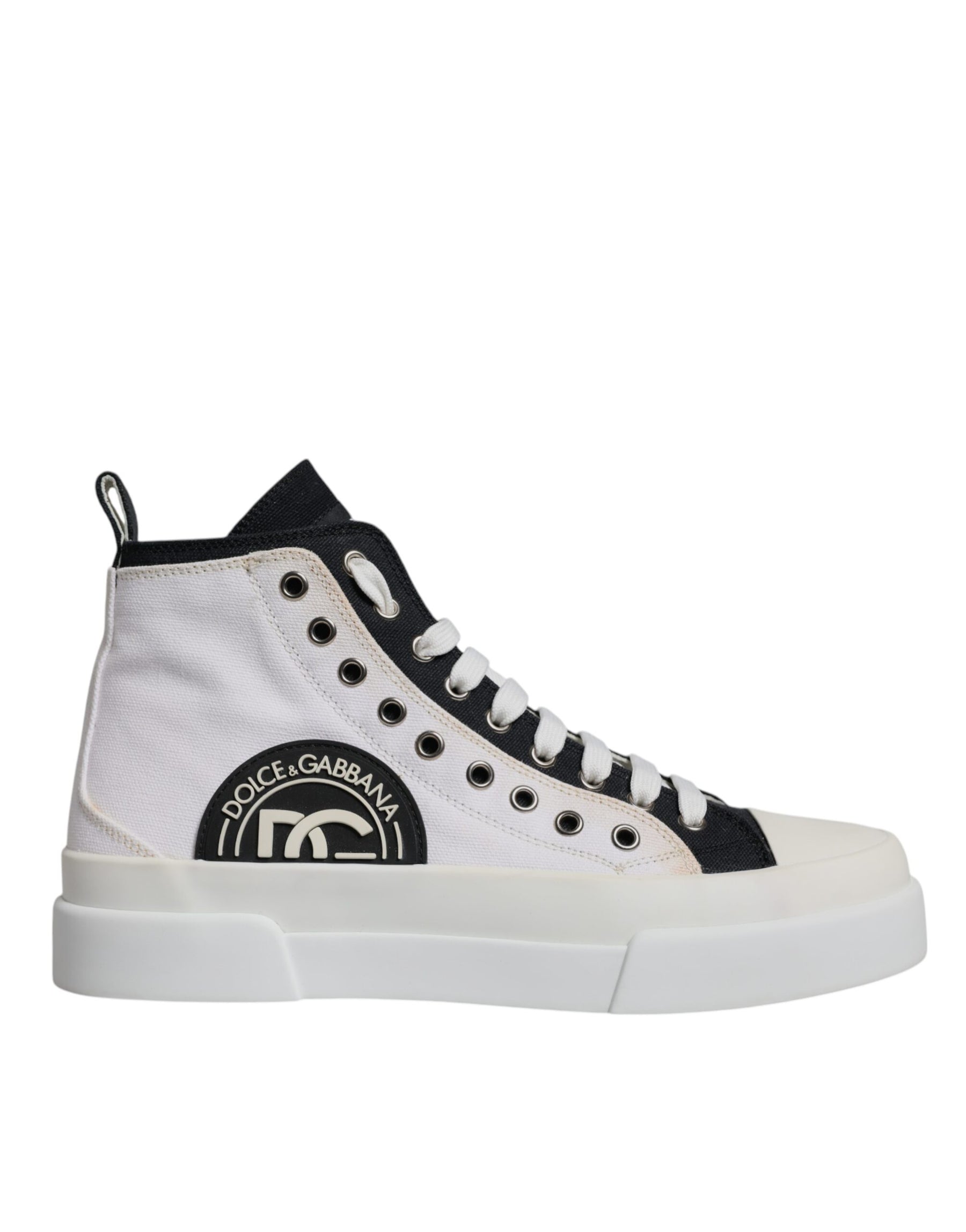 Dolce & Gabbana White Black Cotton High Top Sneakers Shoes | Regal Royce