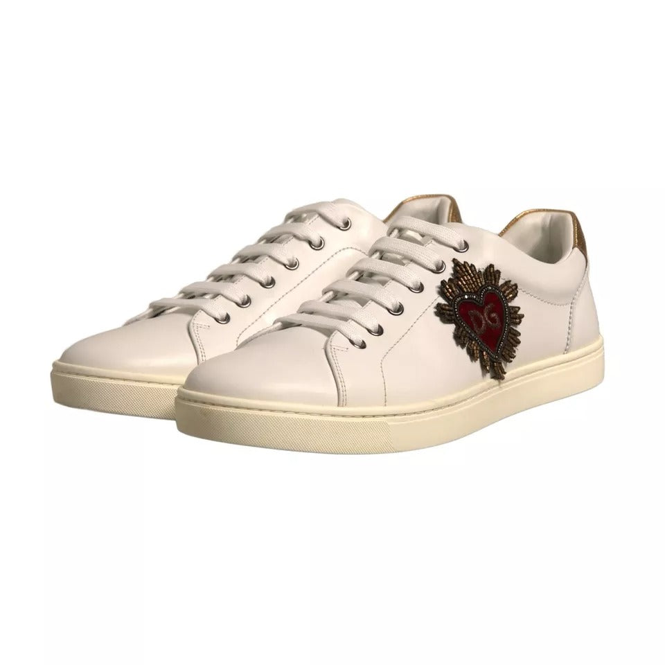 Dolce & Gabbana White Leather Heart Embellished Sneakers Shoes | Regal Royce