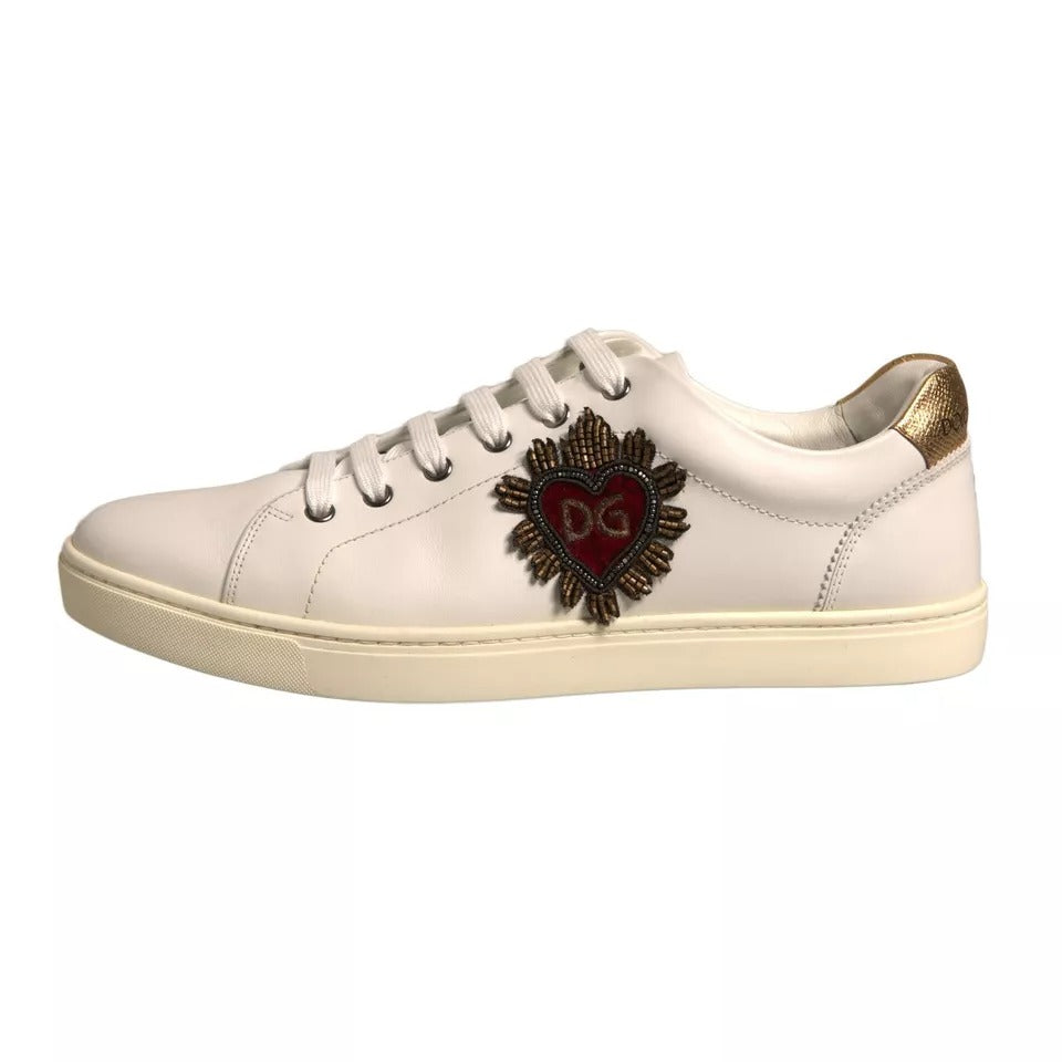 Dolce & Gabbana White Leather Heart Embellished Sneakers Shoes | Regal Royce