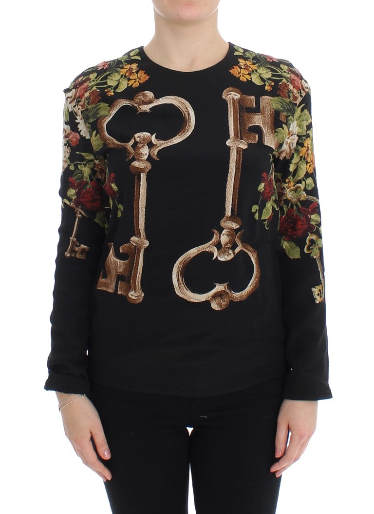 Dolce & Gabbana Black Key Floral Print Silk Blouse Top | Regal Royce