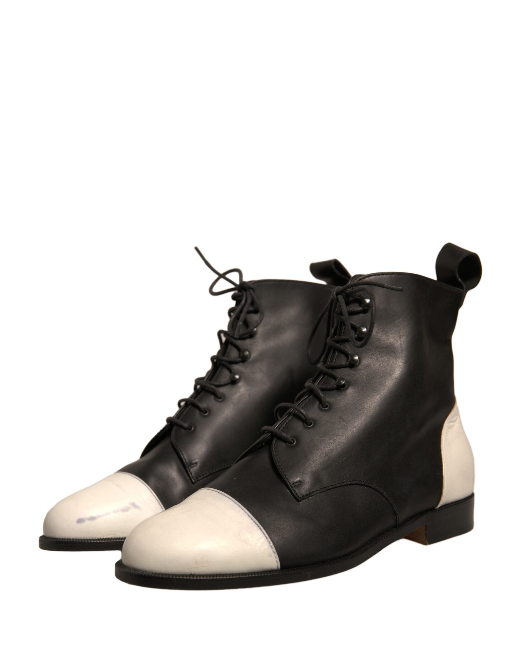 Sergio Rossi Black White Leather Lace Up Flats Ankle Boots Shoes | Regal Royce