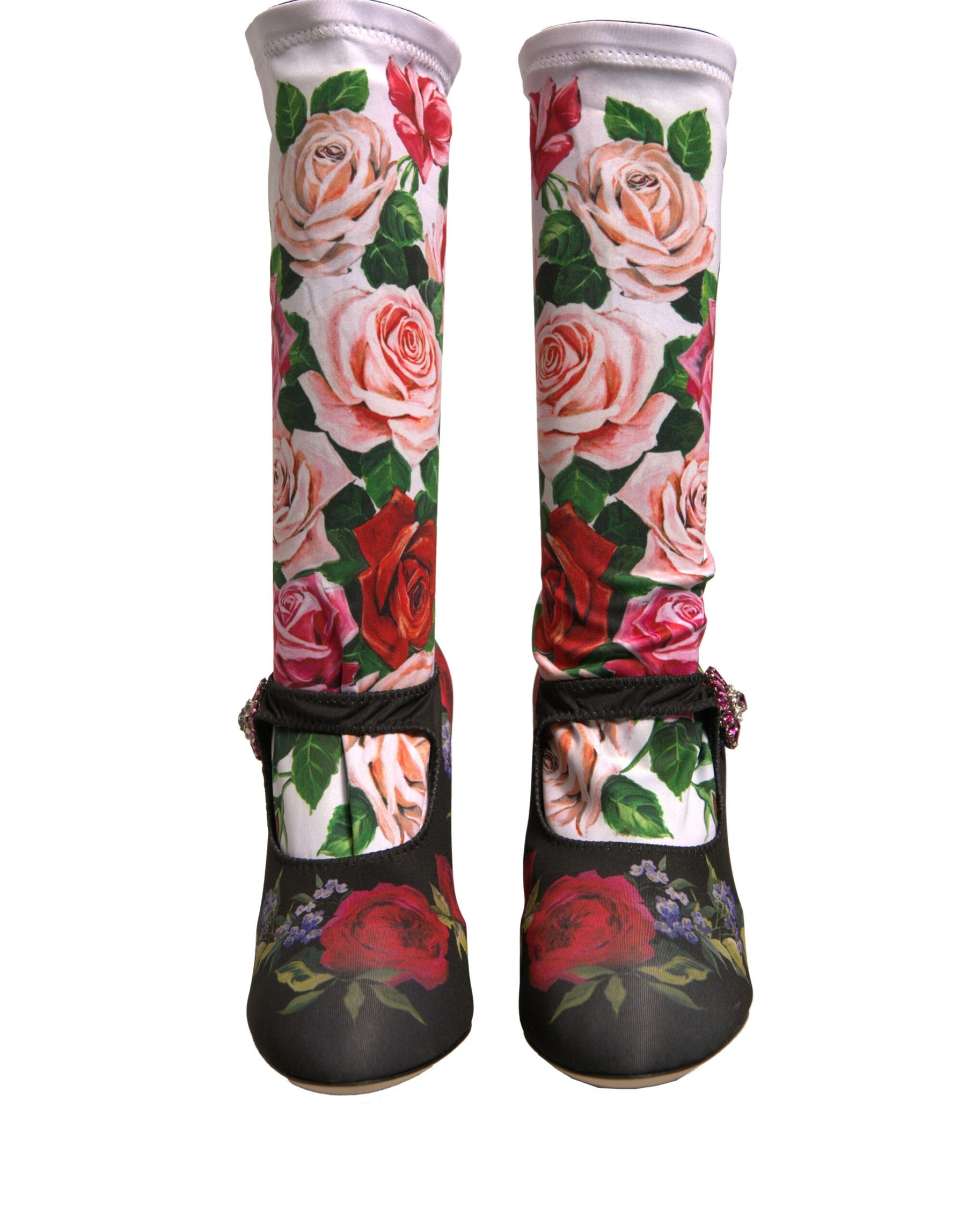 Dolce & Gabbana Black Floral Socks Crystal Boots Jersey Shoes | Regal Royce