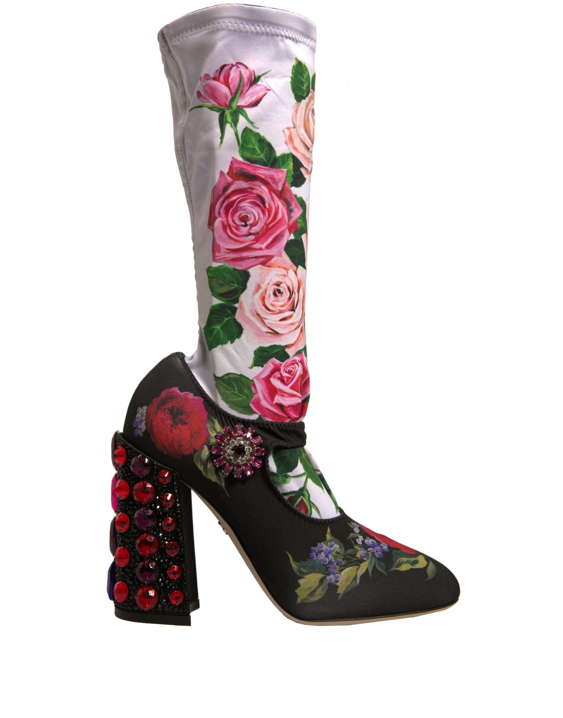Dolce & Gabbana Black Floral Socks Crystal Boots Jersey Shoes | Regal Royce