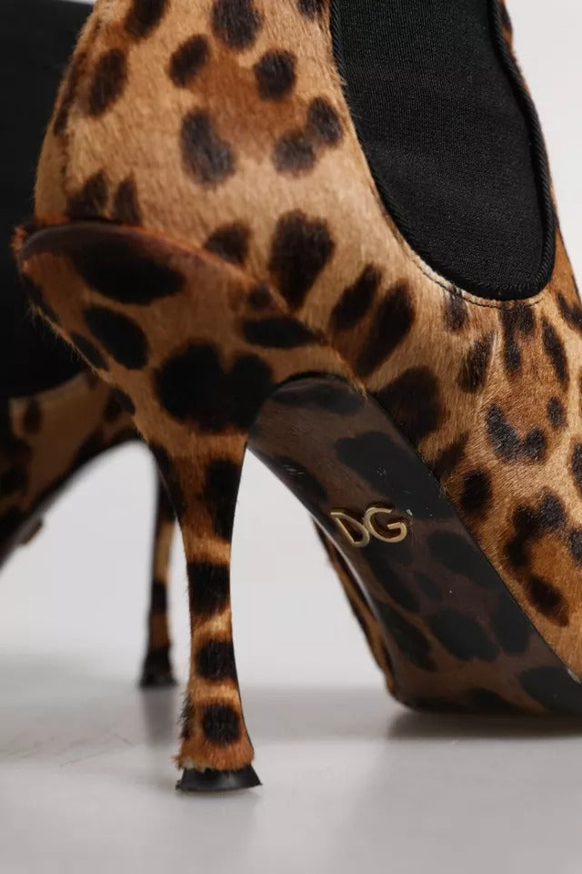 Dolce & Gabbana Brown Leopard Leather Stretch Heels Boots Shoes | Regal Royce