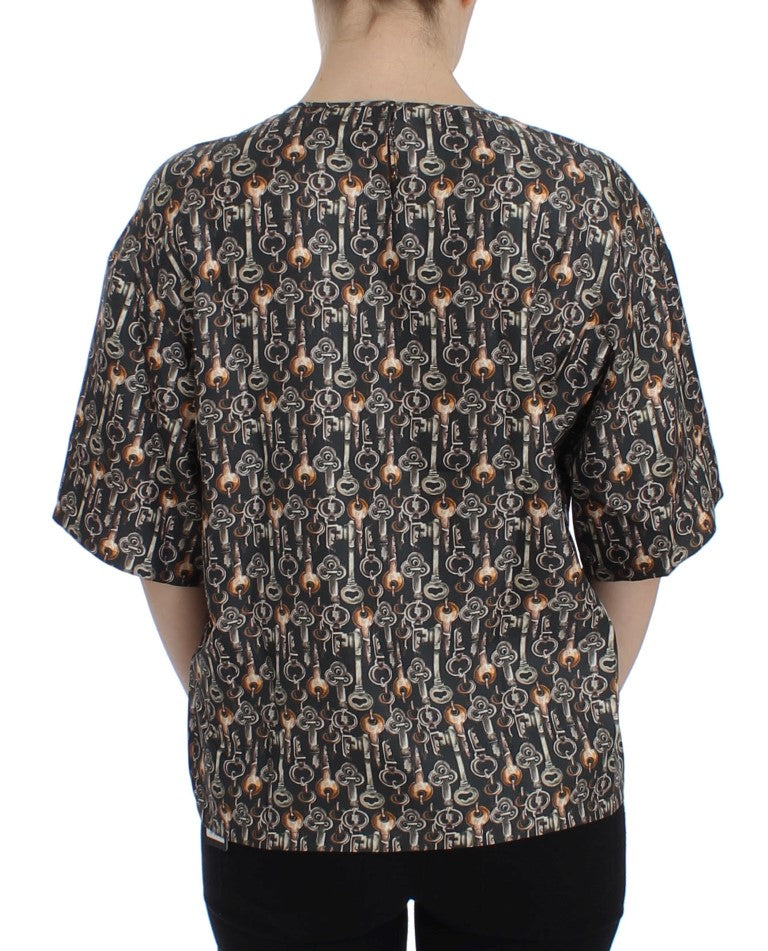 Dolce & Gabbana Gray Gold Key Print Silk Blouse T-shirt | Regal Royce