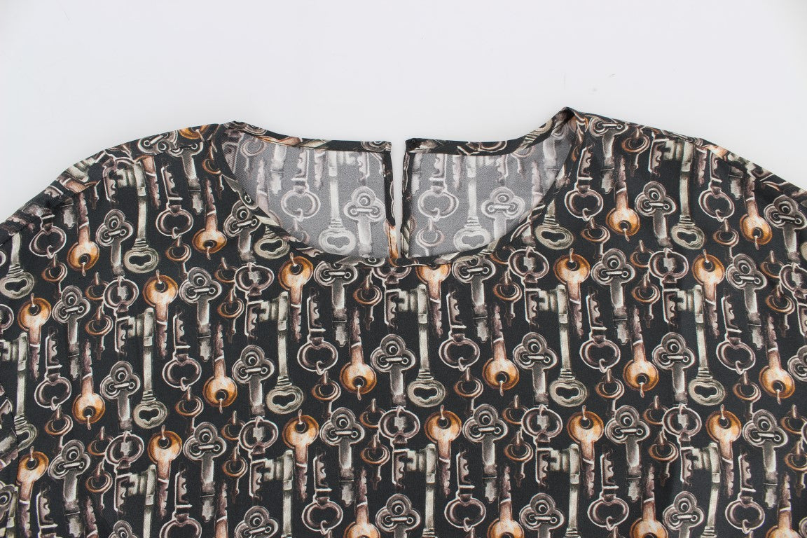 Dolce & Gabbana Gray Gold Key Print Silk Blouse T-shirt | Regal Royce