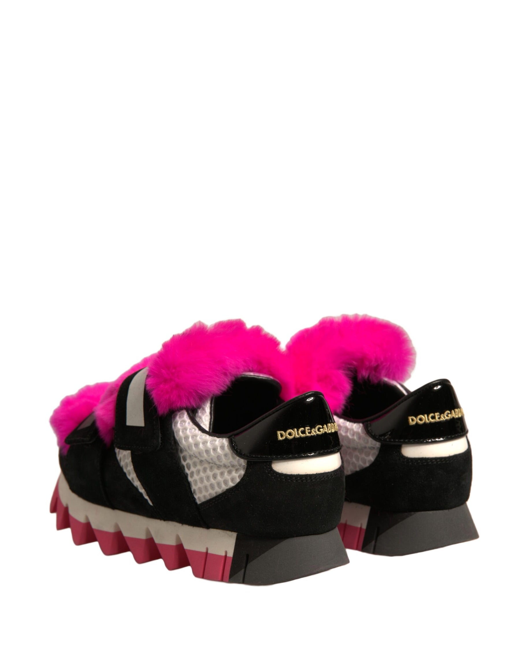 Dolce & Gabbana Black Pink Fur Embellished Sneakers Shoes | Regal Royce