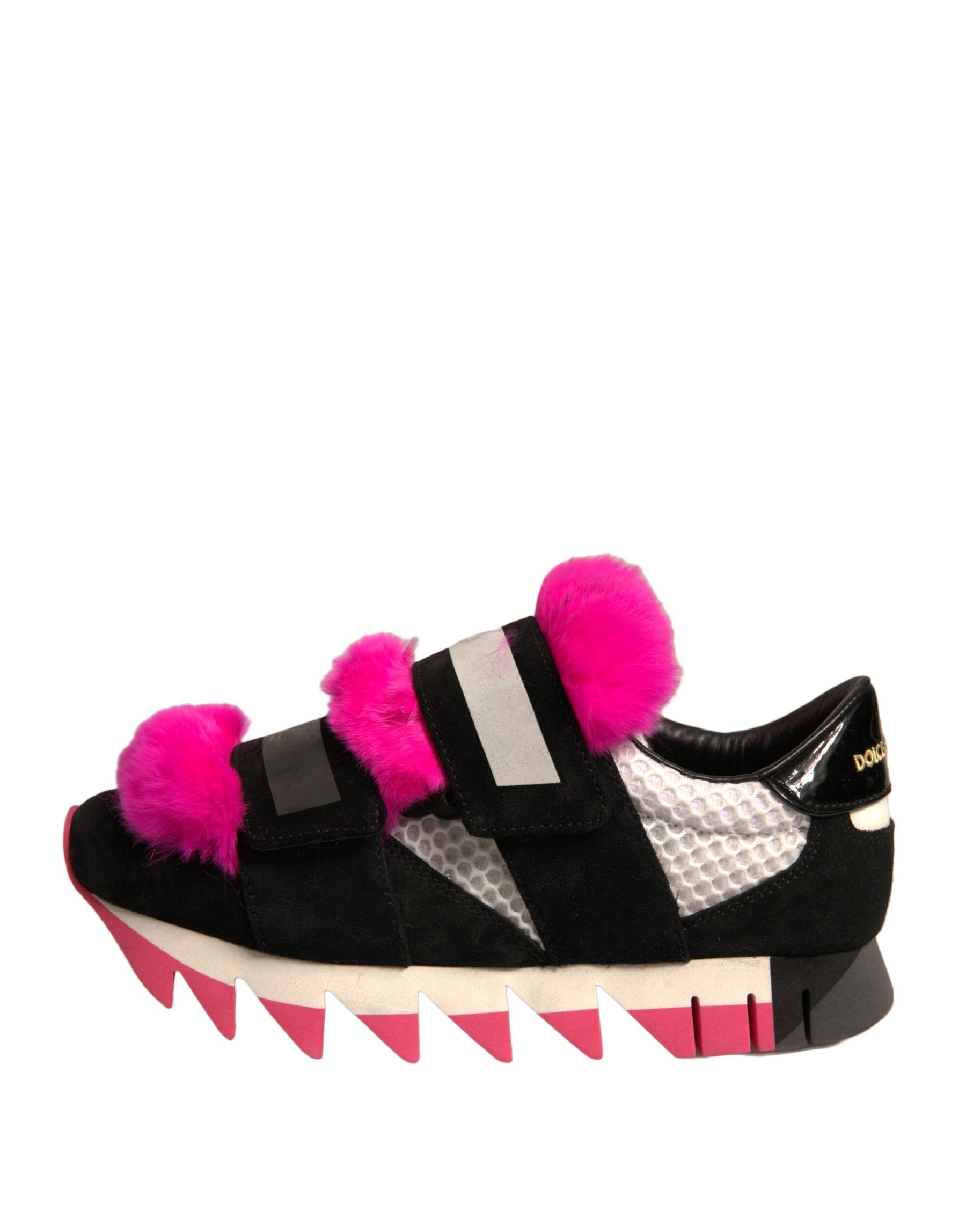Dolce & Gabbana Black Pink Fur Embellished Sneakers Shoes | Regal Royce