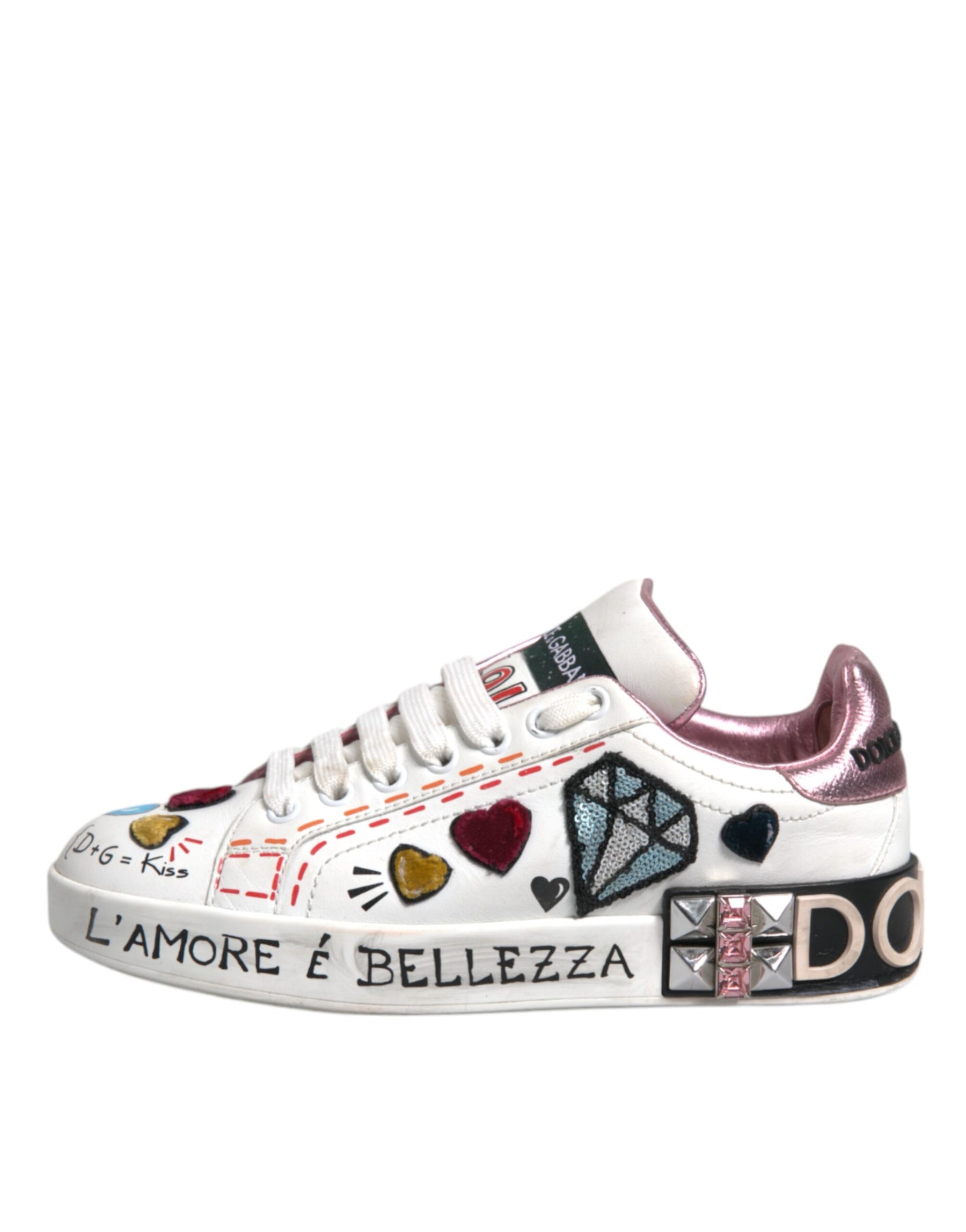 Dolce & Gabbana White Sequined Crystal Low Top Sneakers Shoes | Regal Royce