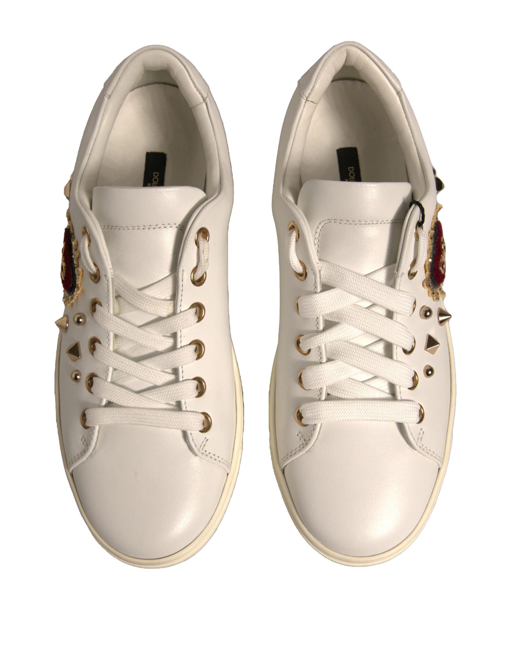 Dolce & Gabbana White Leather Gold Red Heart Sneakers Shoes | Regal Royce