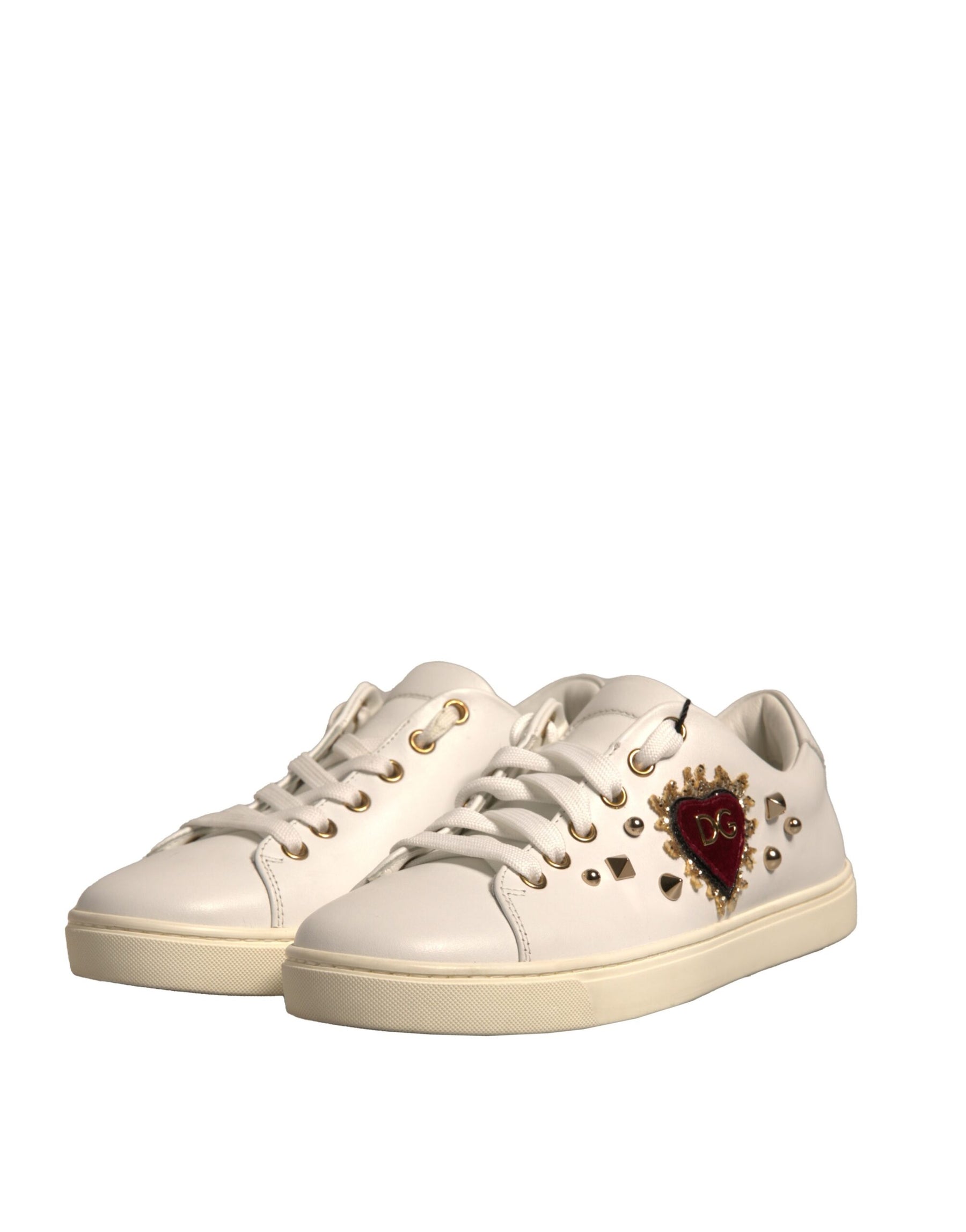Dolce & Gabbana White Leather Gold Red Heart Sneakers Shoes | Regal Royce