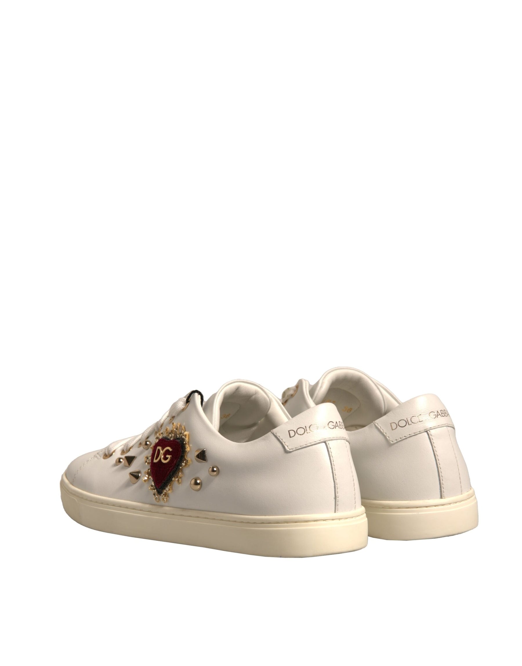 Dolce & Gabbana White Leather Gold Red Heart Sneakers Shoes | Regal Royce