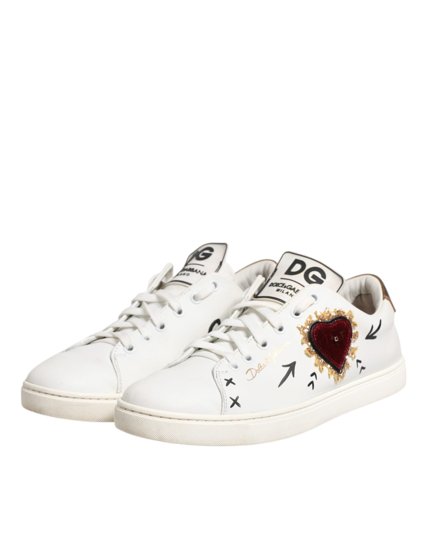 Dolce & Gabbana White Leather Heart Embellished Sneakers Shoes | Regal Royce