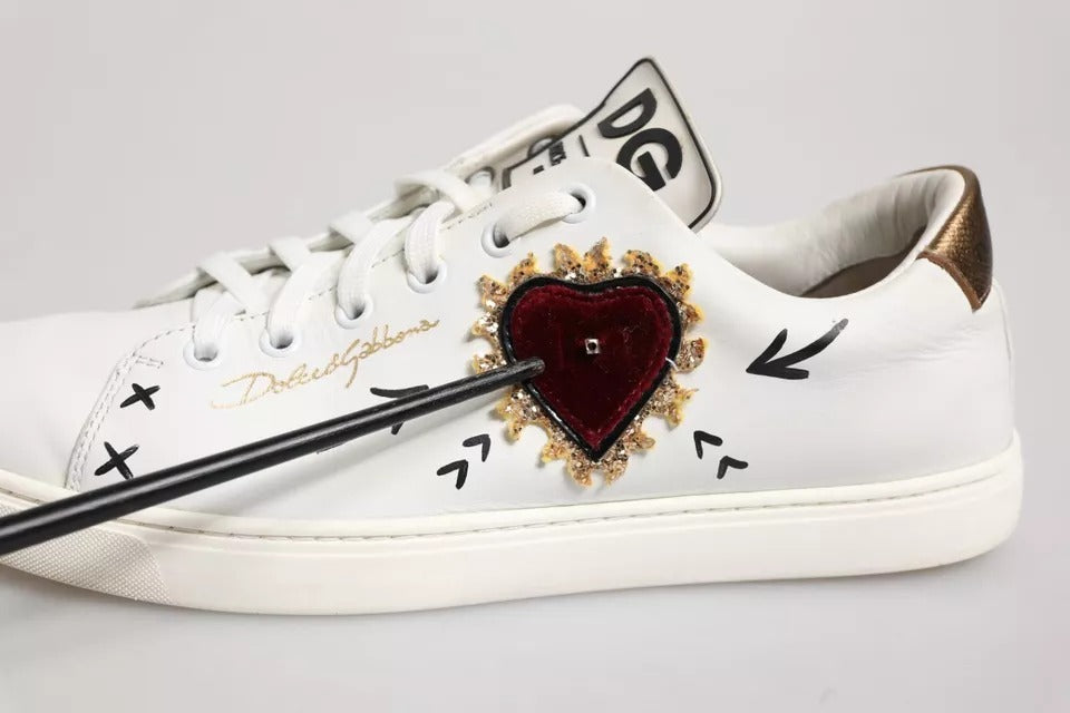 Dolce & Gabbana White Leather Heart Embellished Sneakers Shoes | Regal Royce