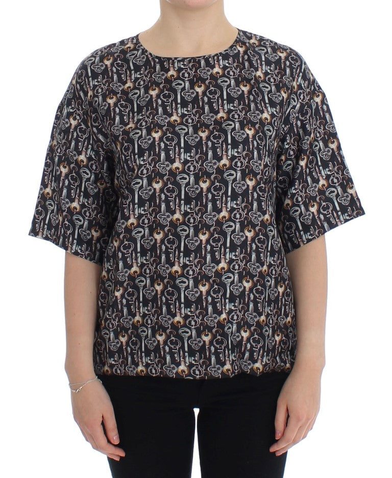 Dolce & Gabbana Gray Gold Key Print Silk Blouse T-shirt | Regal Royce