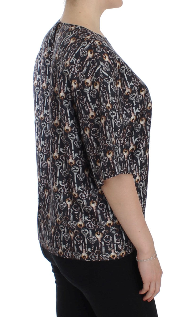 Dolce & Gabbana Gray Gold Key Print Silk Blouse T-shirt | Regal Royce