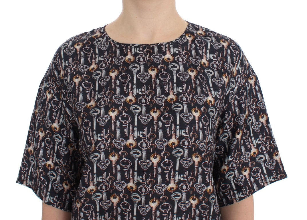 Dolce & Gabbana Gray Gold Key Print Silk Blouse T-shirt | Regal Royce
